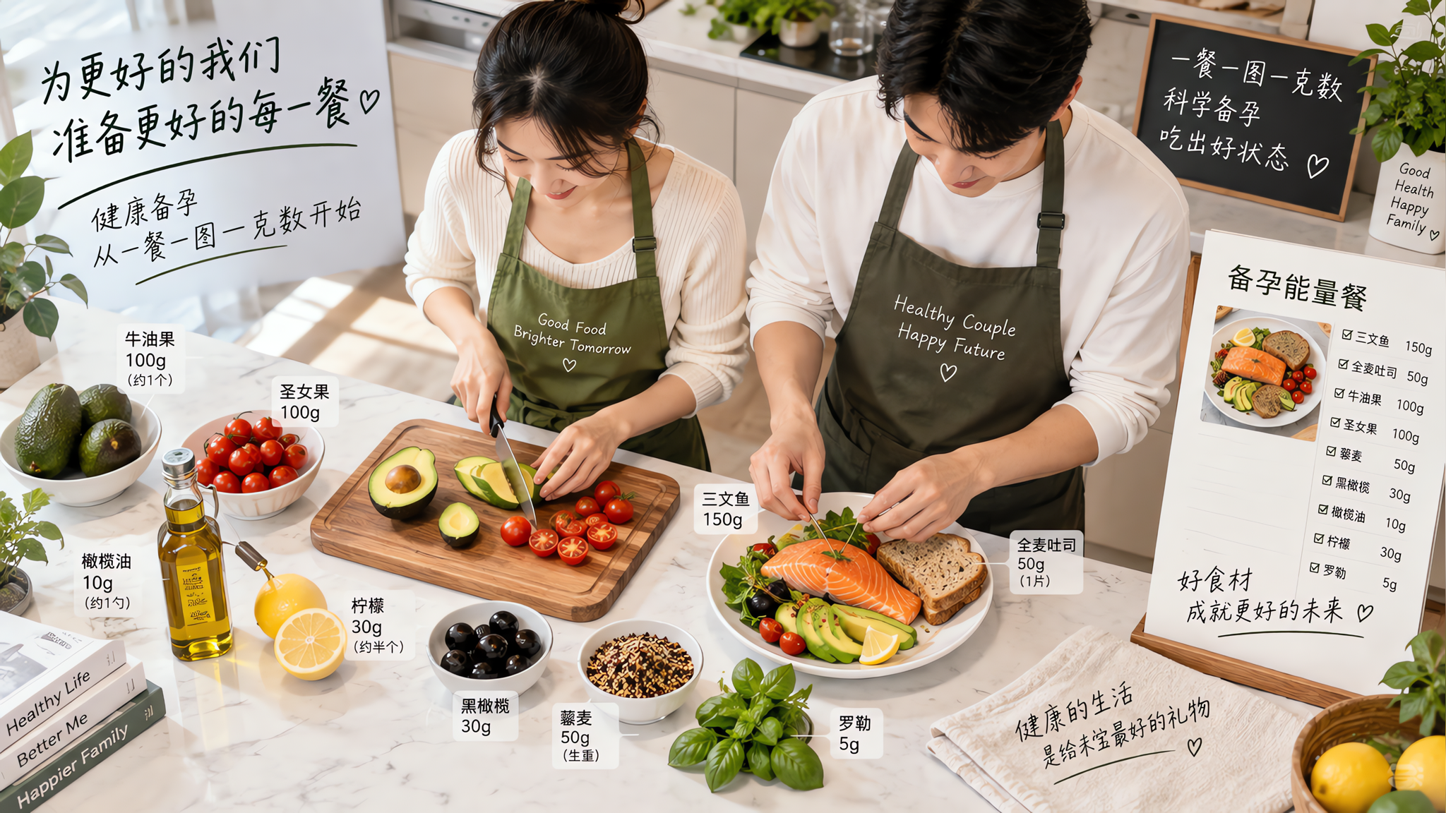中国年轻夫妻在家中明亮整洁的厨房台面前一起做备孕餐,女性在切牛油果和番茄,男性在摆盘三文鱼与全麦吐司