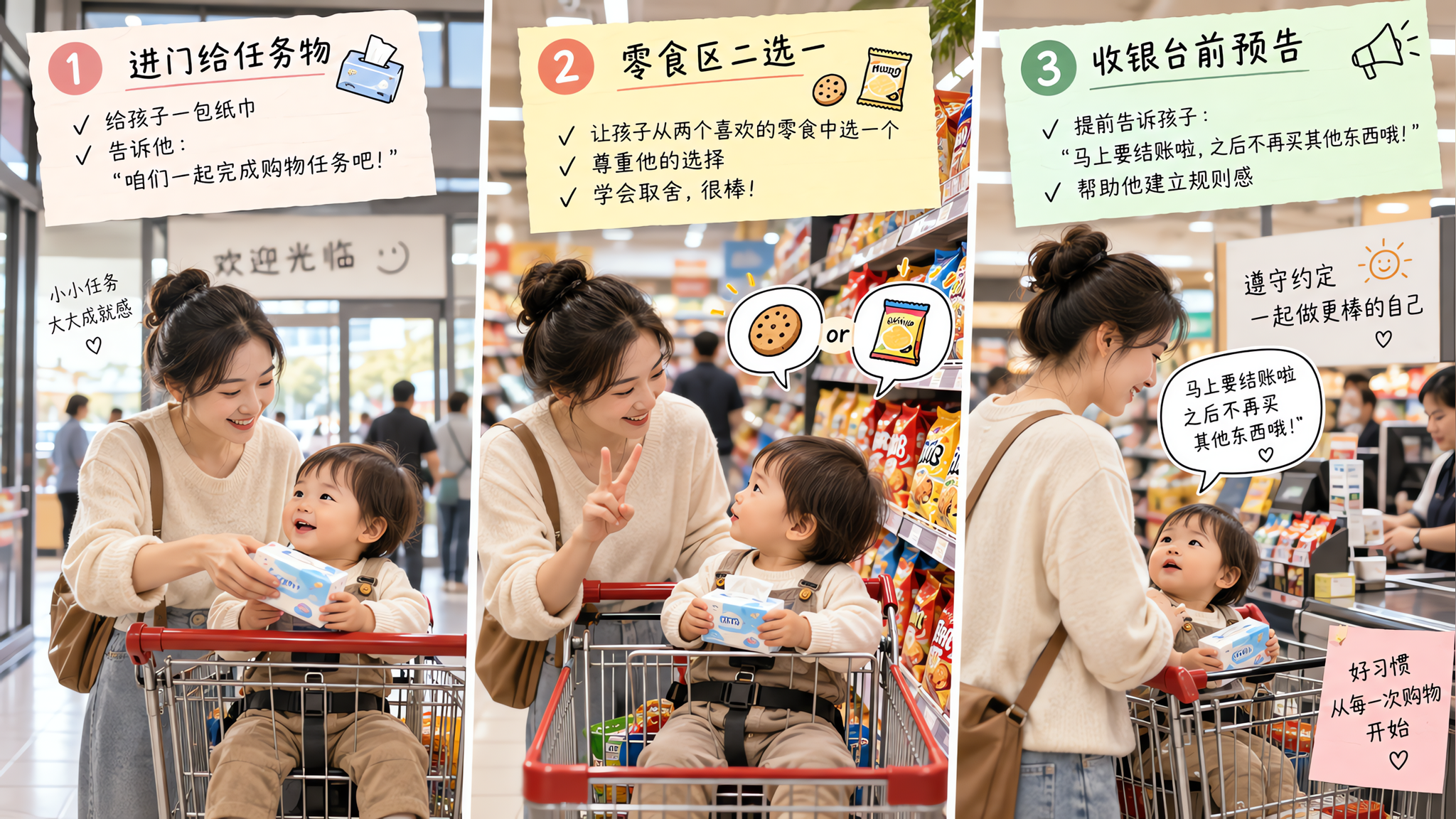 中国大型超市通道场景,中国年轻妈妈推购物车,旁边1-2岁中国幼儿坐在购物车儿童座椅上手里抱着一包纸巾