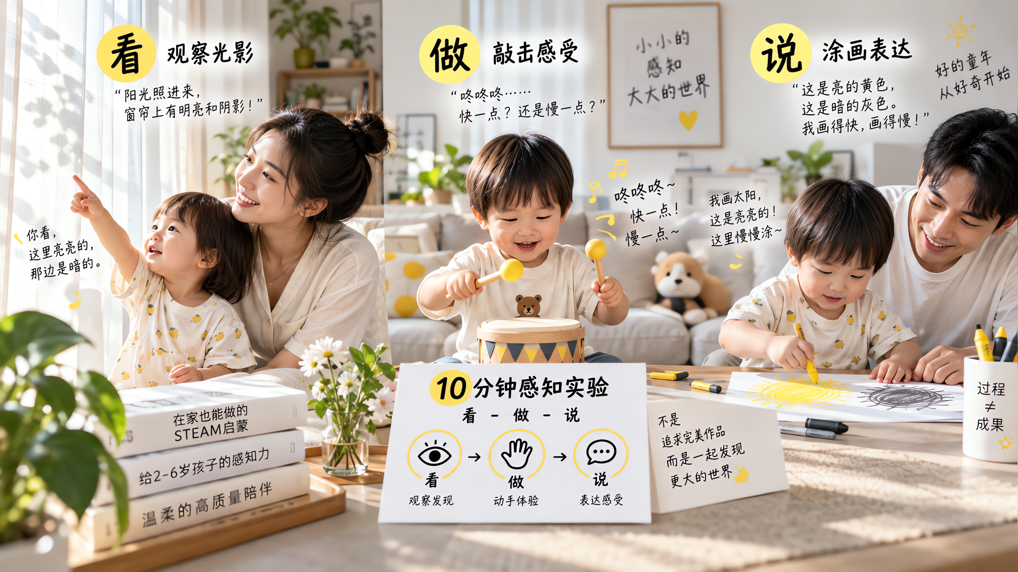 中国年轻父母在家中明亮客厅陪中国2岁幼儿进行“10分钟感知实验”亲子活动,画面分区式构图:左侧孩子和