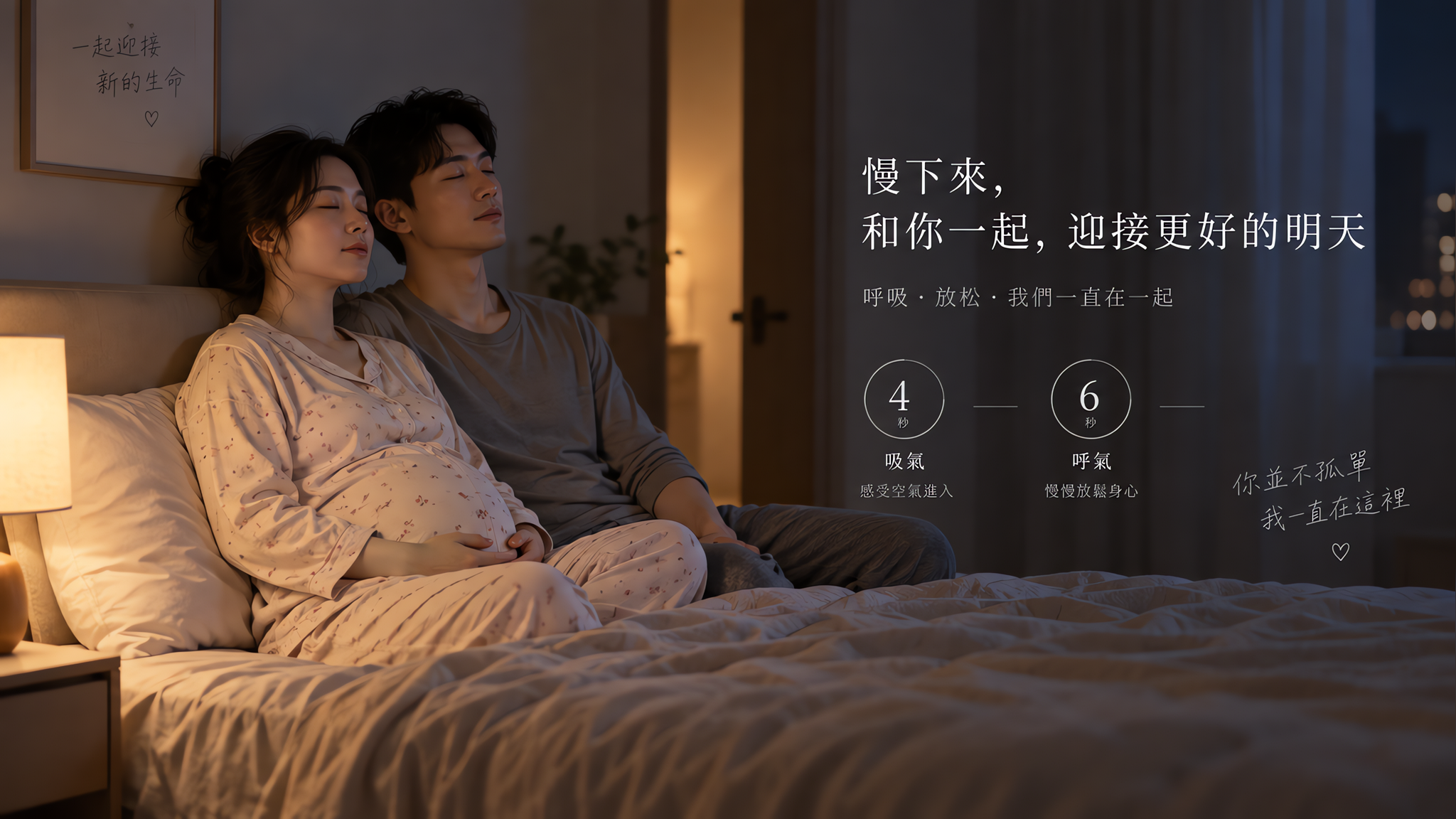 中国年轻夫妻的卧室夜间场景，孕晚期中国孕妈穿宽松睡衣侧坐在床边或床上靠枕，丈夫坐在同一侧保持安静陪伴