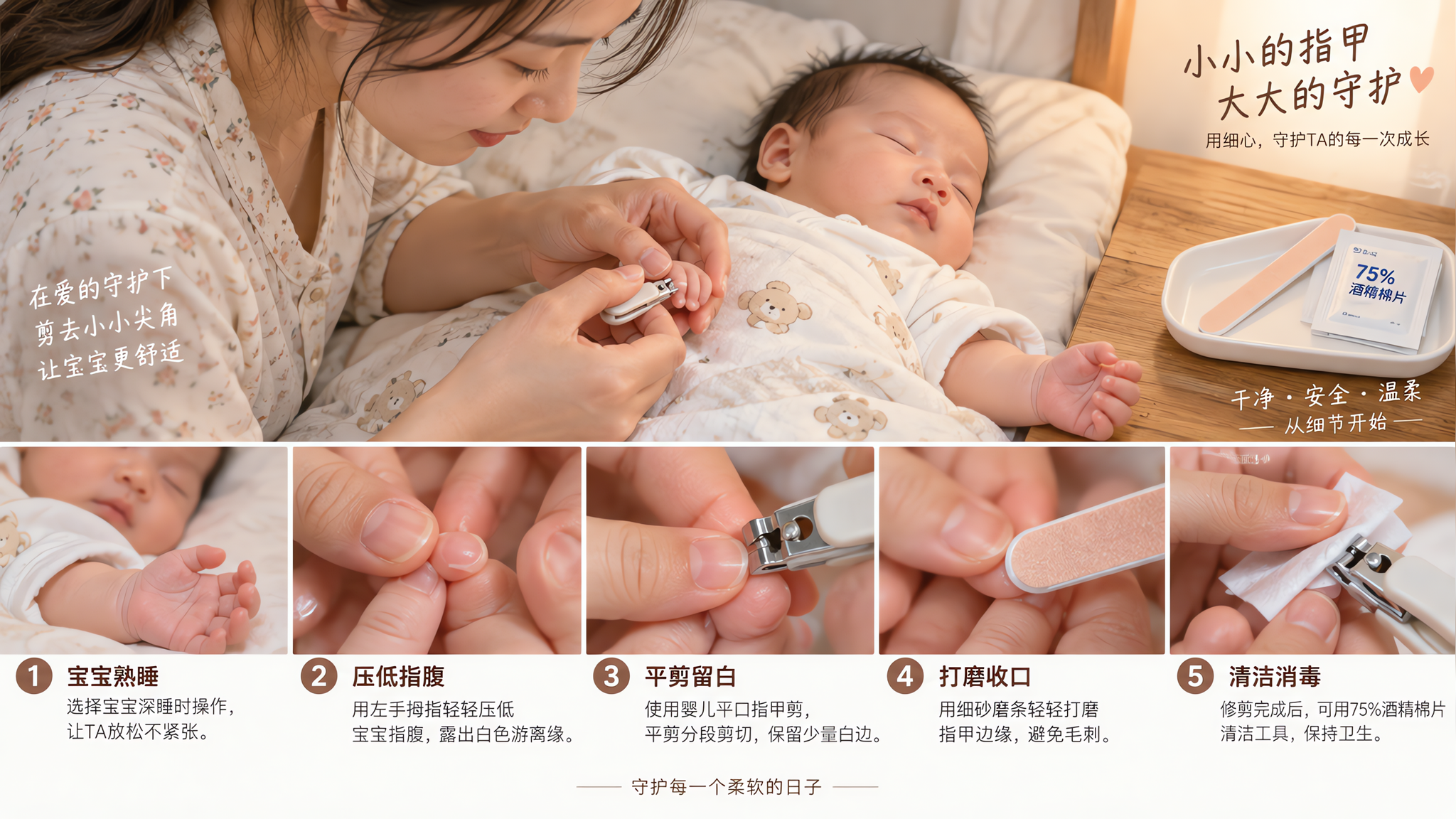 中国年轻妈妈在卧室床边为熟睡的中国新生儿修剪指甲的近景分步画面，宝宝处于深睡状态手掌摊开，妈妈左手拇