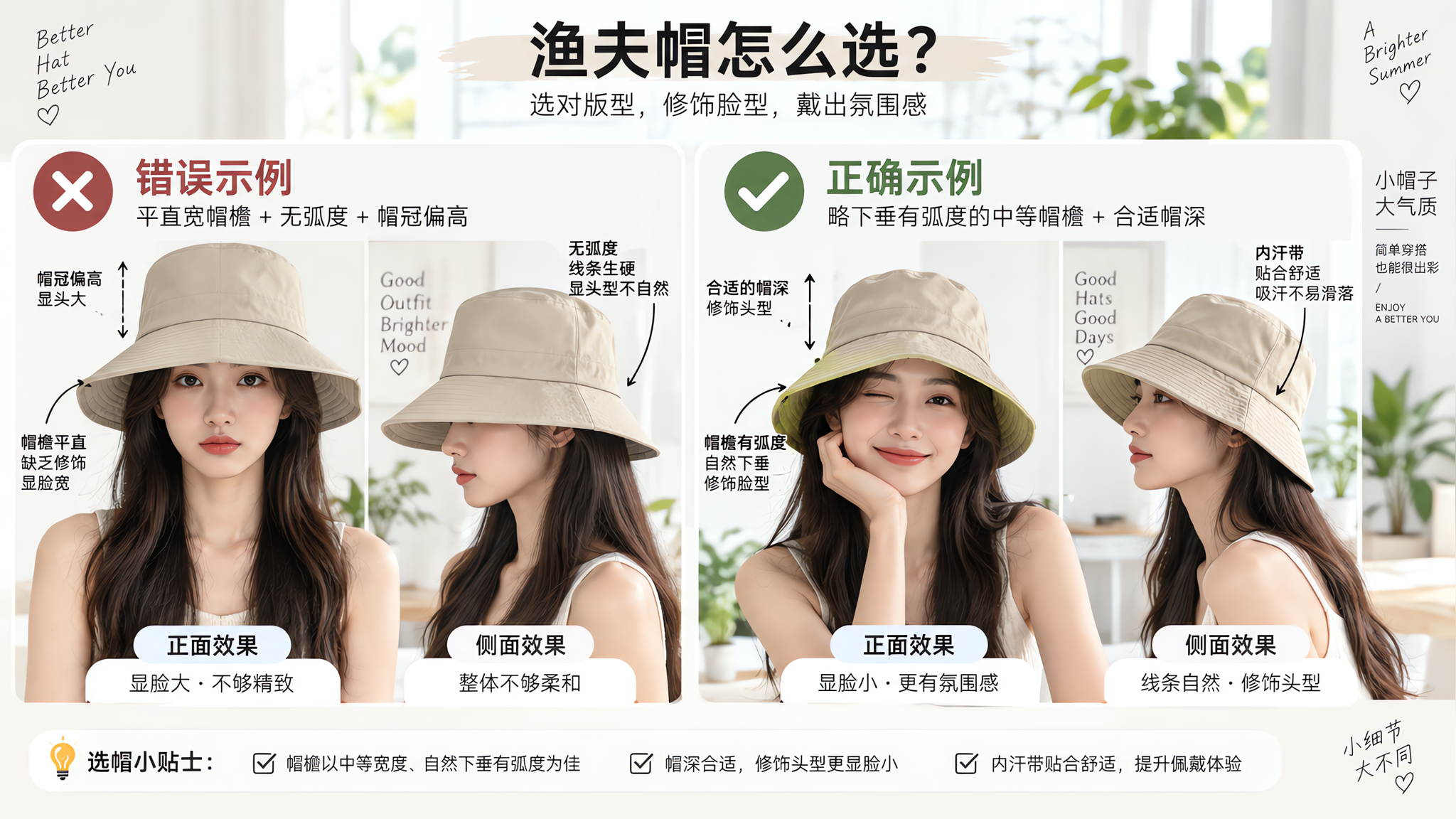 信息图风格画面,展示中国年轻女性的半身正面与侧面示意对比,人物在明亮简洁的室内试戴渔夫帽,左侧为“错