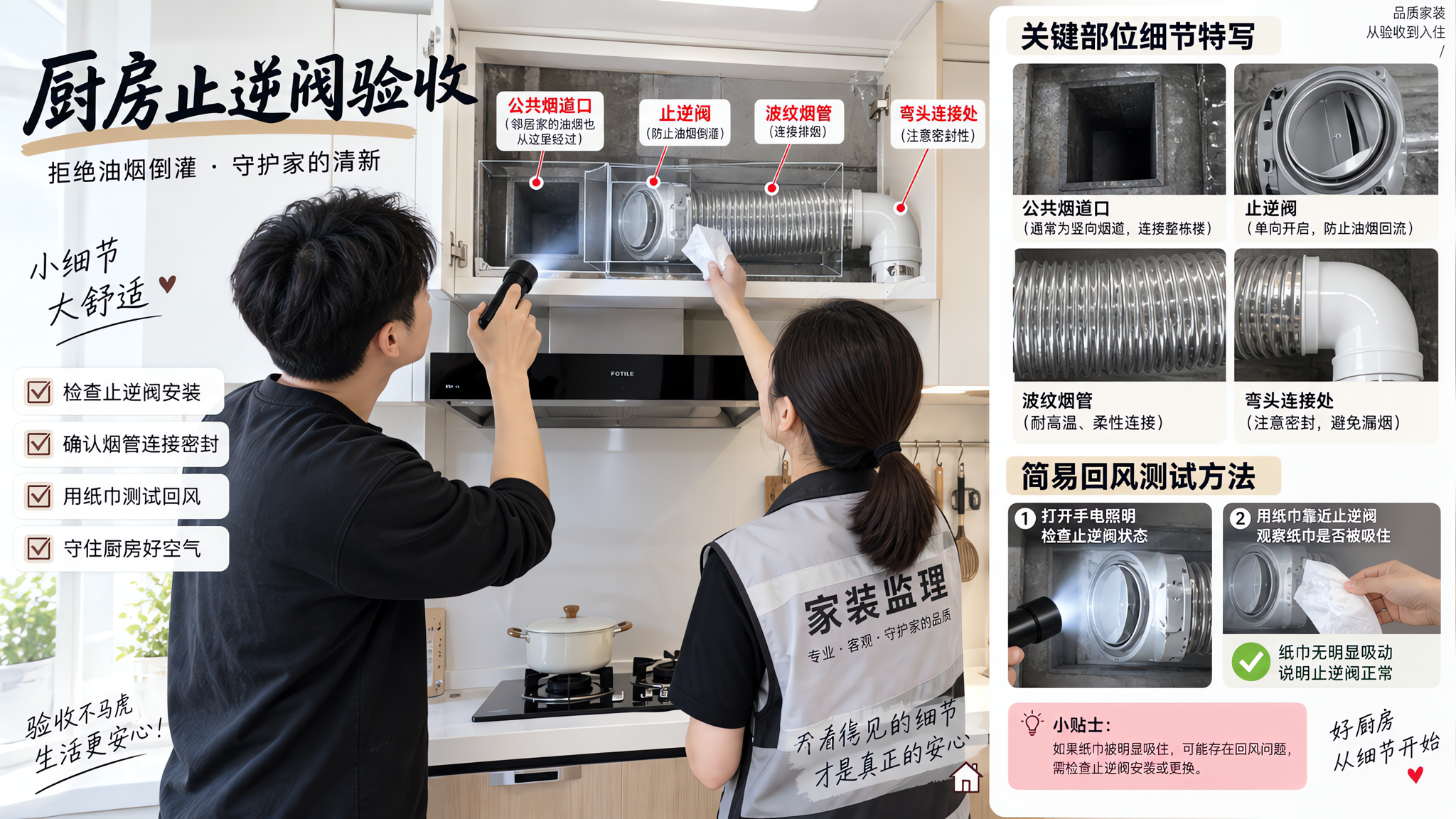 中国家庭厨房场景,一位中国年轻男性业主与一位中国女性监理站在灶台旁,打开橱柜上方检修口检查止逆阀与烟