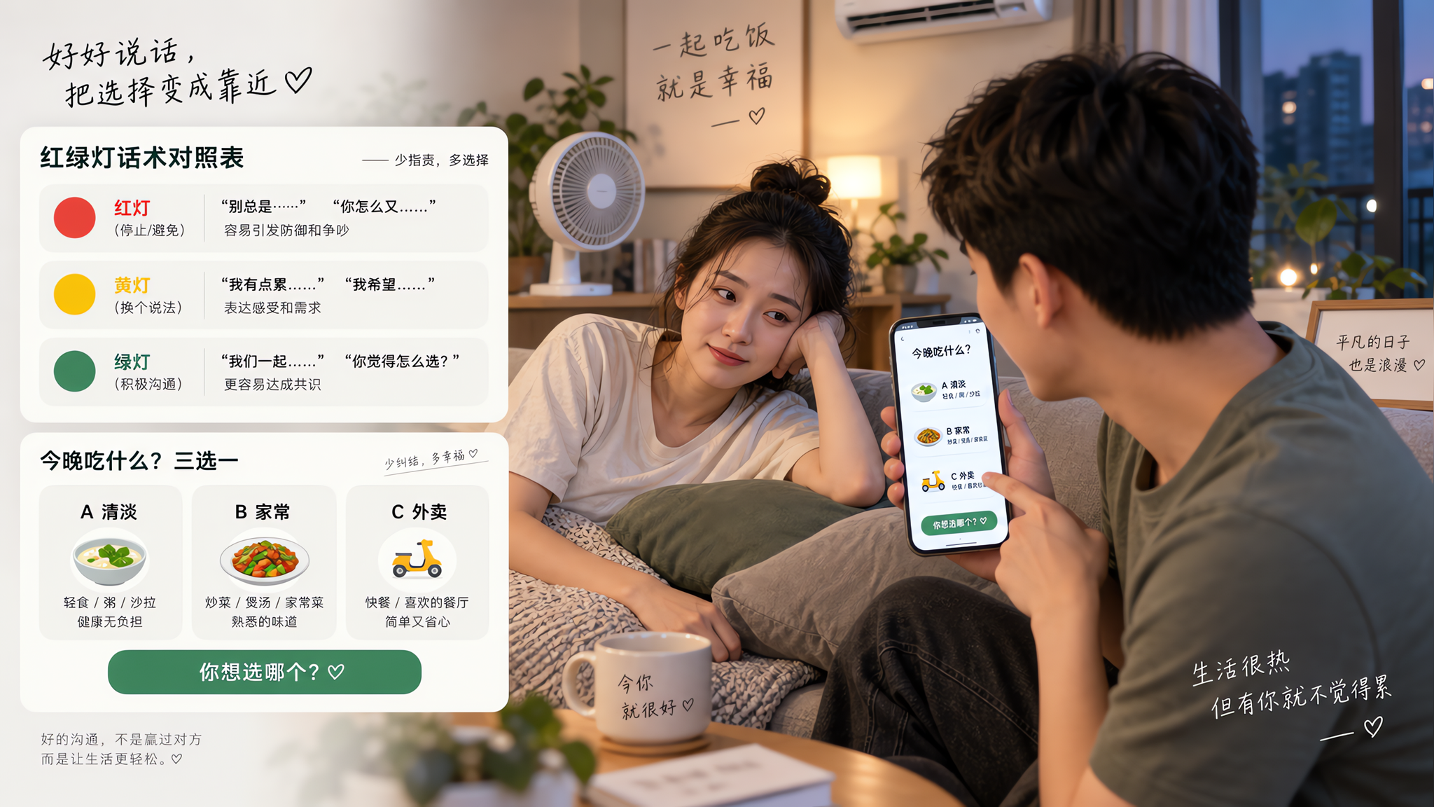 中国年轻夫妻在家中客厅的傍晚场景，闷热夏末初秋氛围（窗外微暗、室内开着小风扇或空调），丈夫拿着手机给