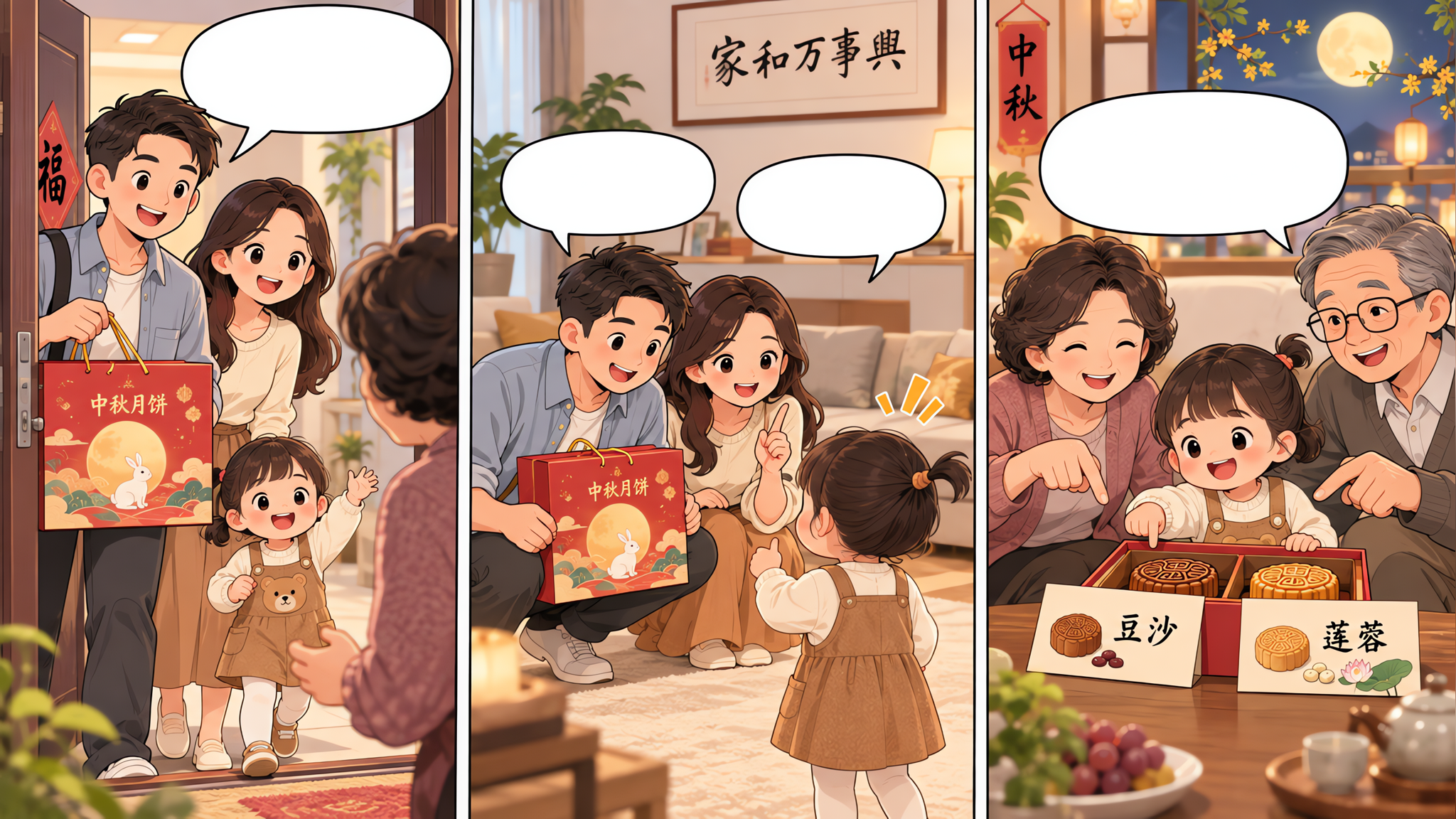 中秋节家庭走亲戚场景,室内温馨客厅,中国年轻父母带着1-3岁中国幼儿进门拜访亲戚,父母手里拿着月饼礼