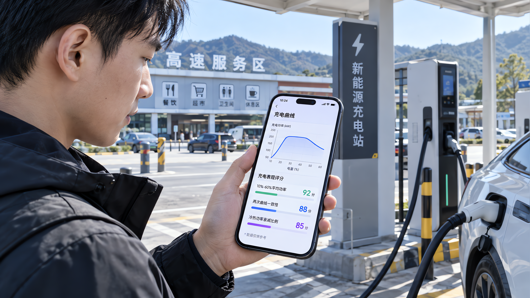 中国新能源车车主在高速服务区充电站旁,手持手机查看充电曲线数据,手机屏幕显示简洁的折线充电功率曲线与