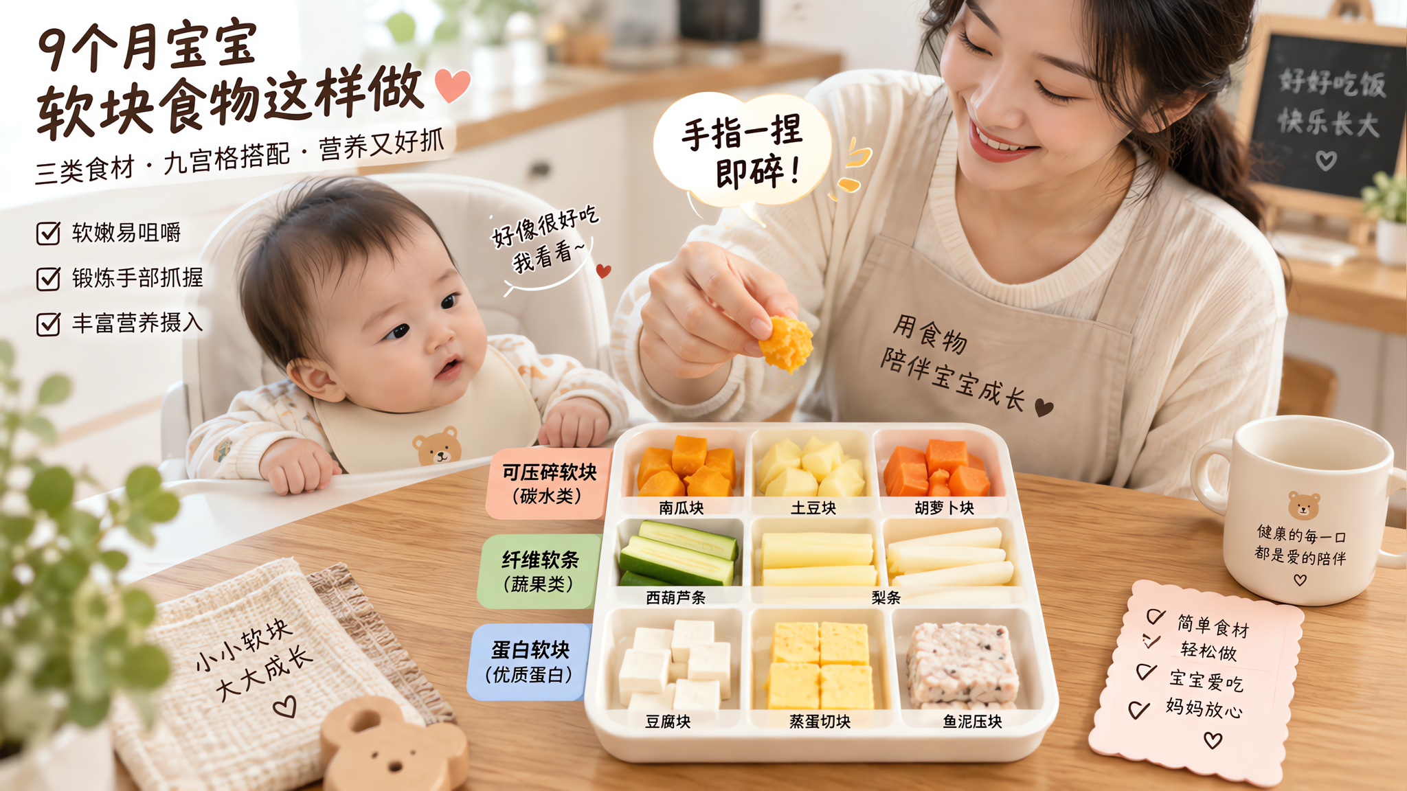 9个月吃饭总含着不咽？把糊换成3种软块就顺了