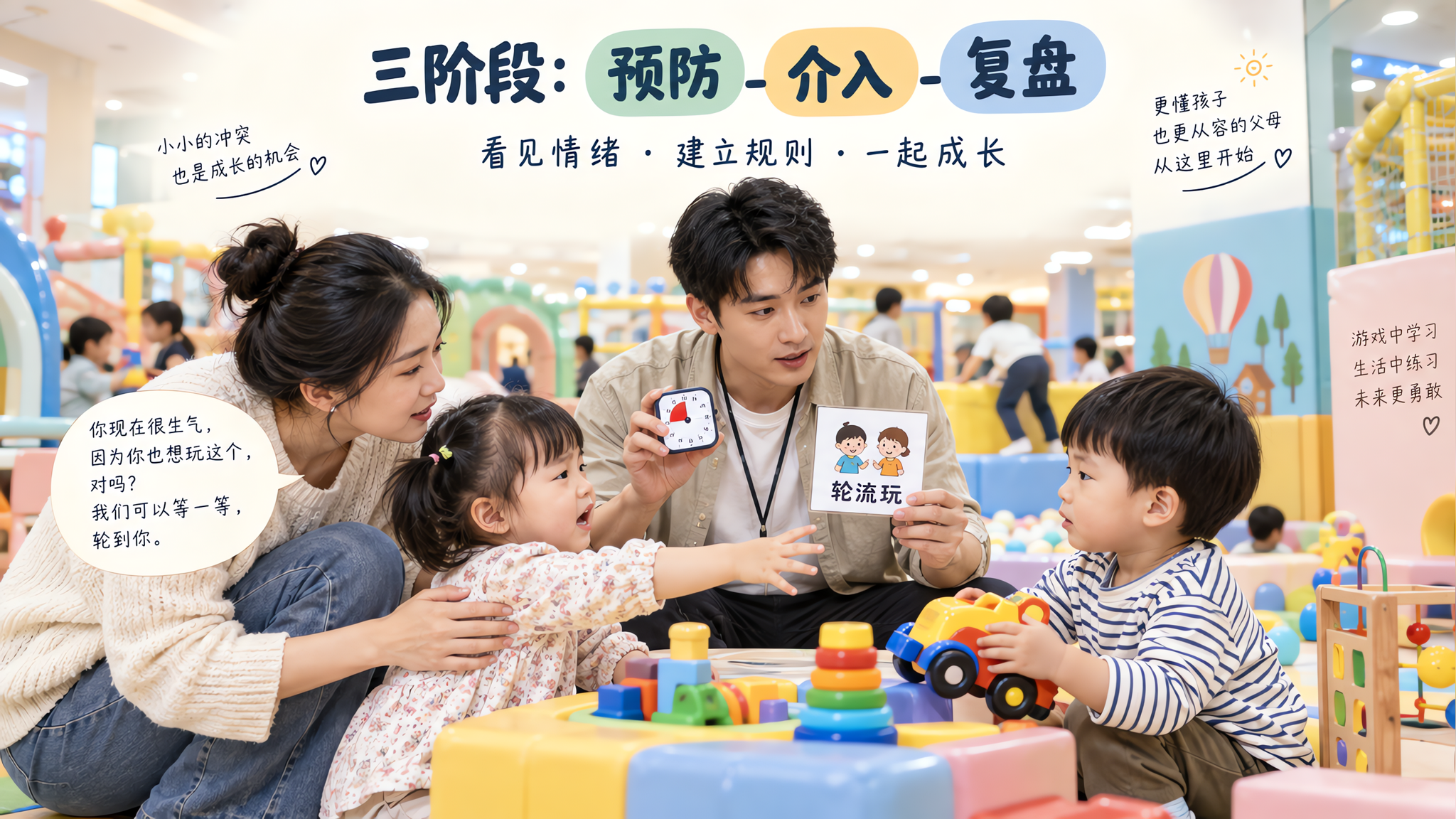 中国室内儿童游乐场场景,密闭空调环境,背景有软包设施与玩具区;画面前景为一对中国年轻父母和一名1-3