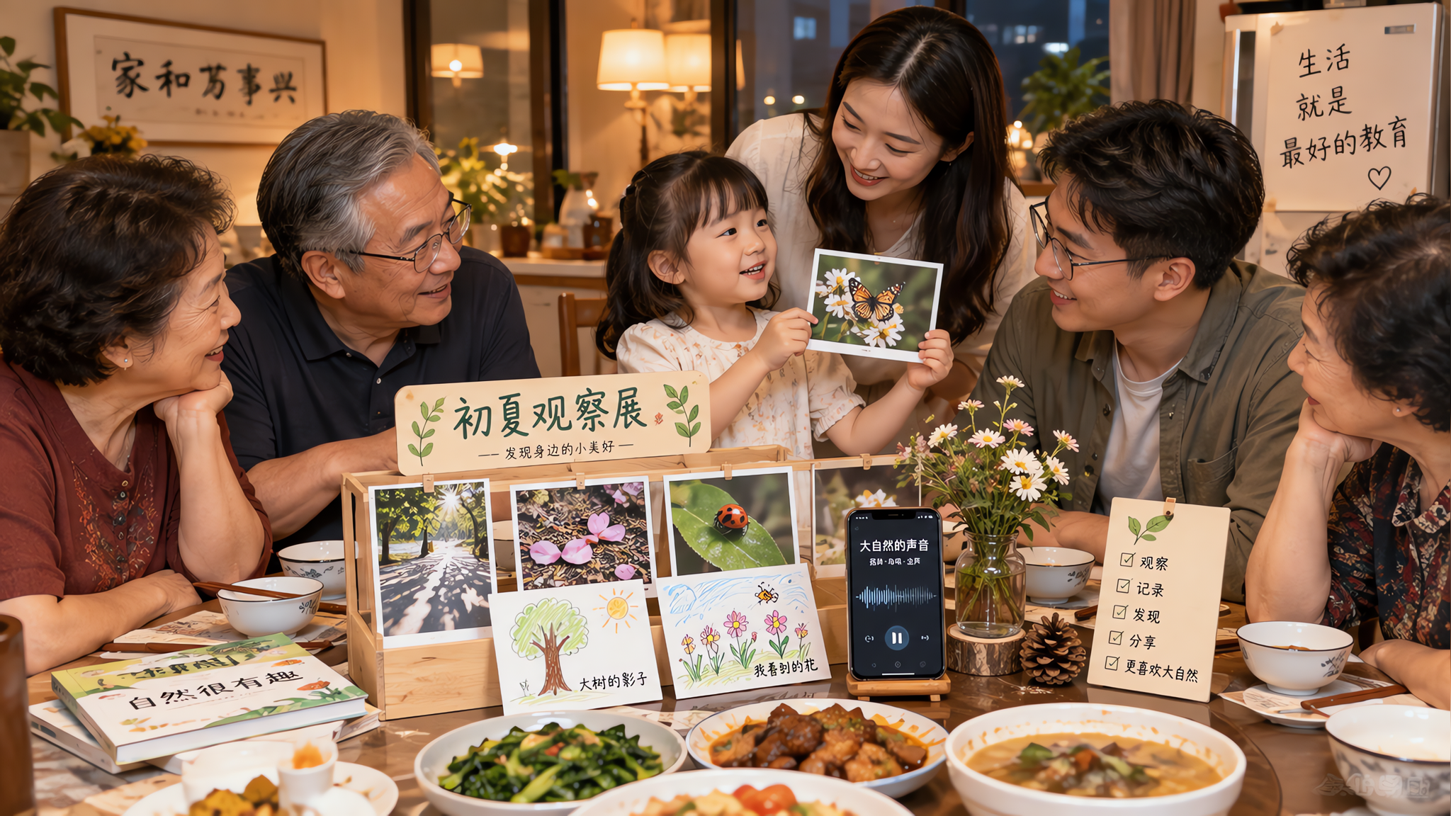 中国家庭饭局场景,圆桌旁坐着几位中国长辈与一对中国年轻父母,旁边站着一位3-6岁中国小朋友,小朋友在