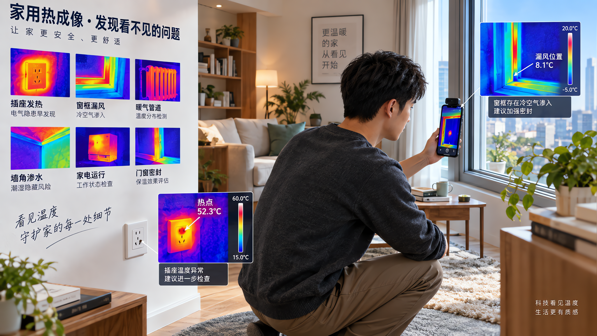 中国年轻男性在家中客厅进行家用巡检，手持连接手机的热成像小模组对着插座与窗户边框扫描，手机屏幕清晰显