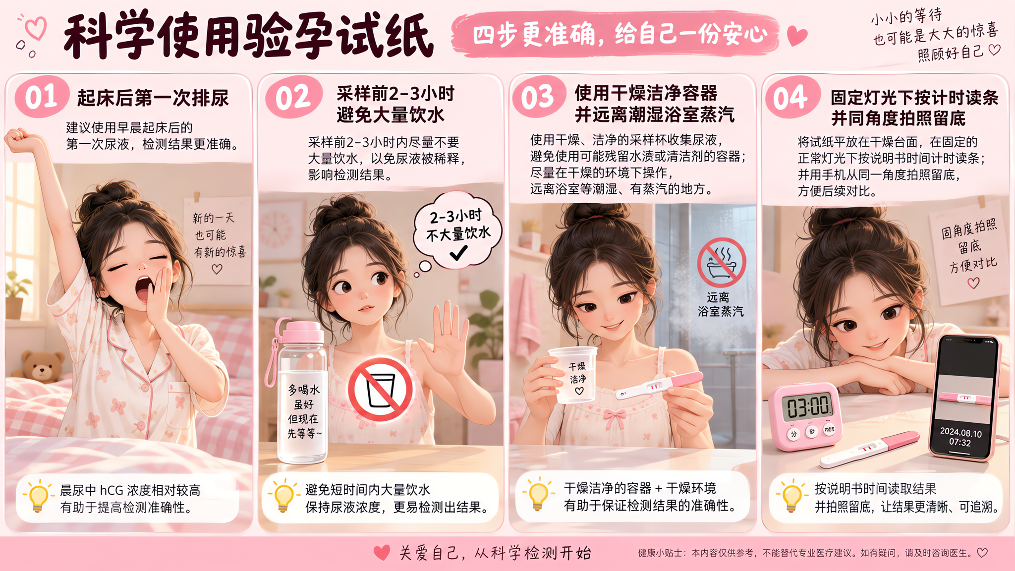 中国年轻女性在夏季清晨的卧室或卫生间外的干燥台面旁，穿浅色家居服，手里拿着验孕试纸和干燥洁净的小采样