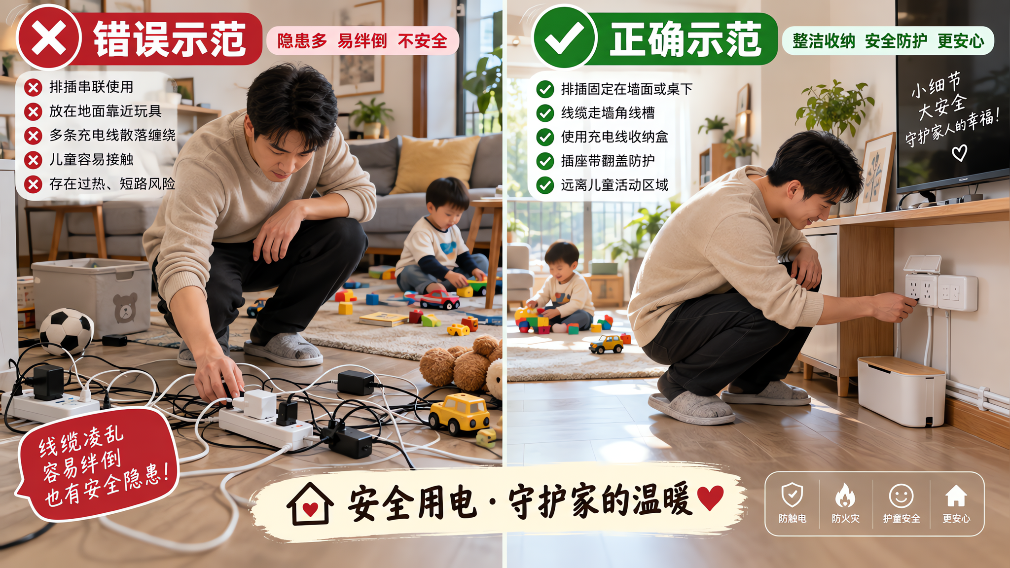中国家庭室内对比场景拼图,左侧“错误示范”:客厅地面凌乱,多条充电线散落,排插串联,排插放在地面靠近