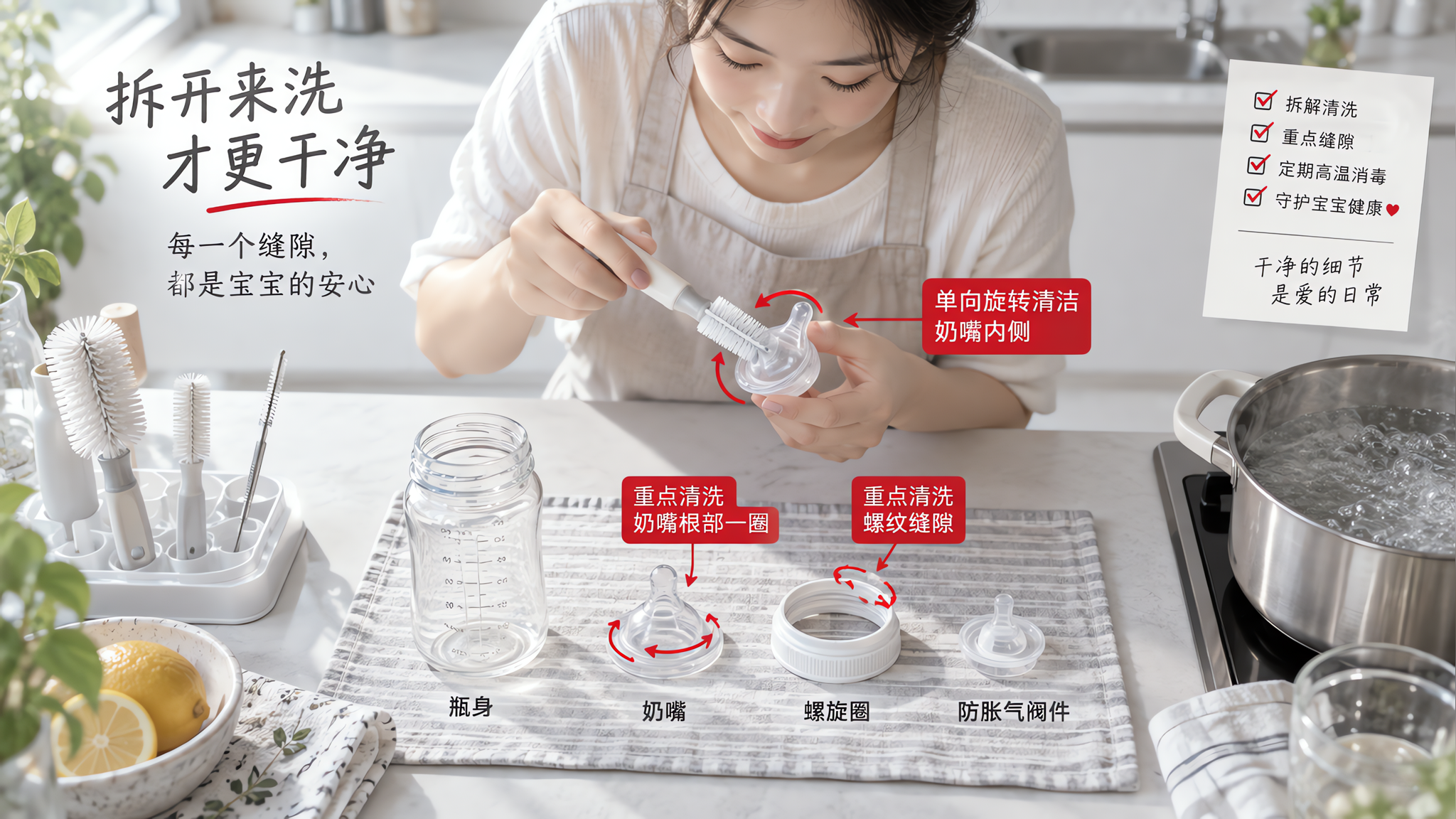 奶嘴根部那圈白膜别忽略：夏天奶瓶4步拆洗SOP