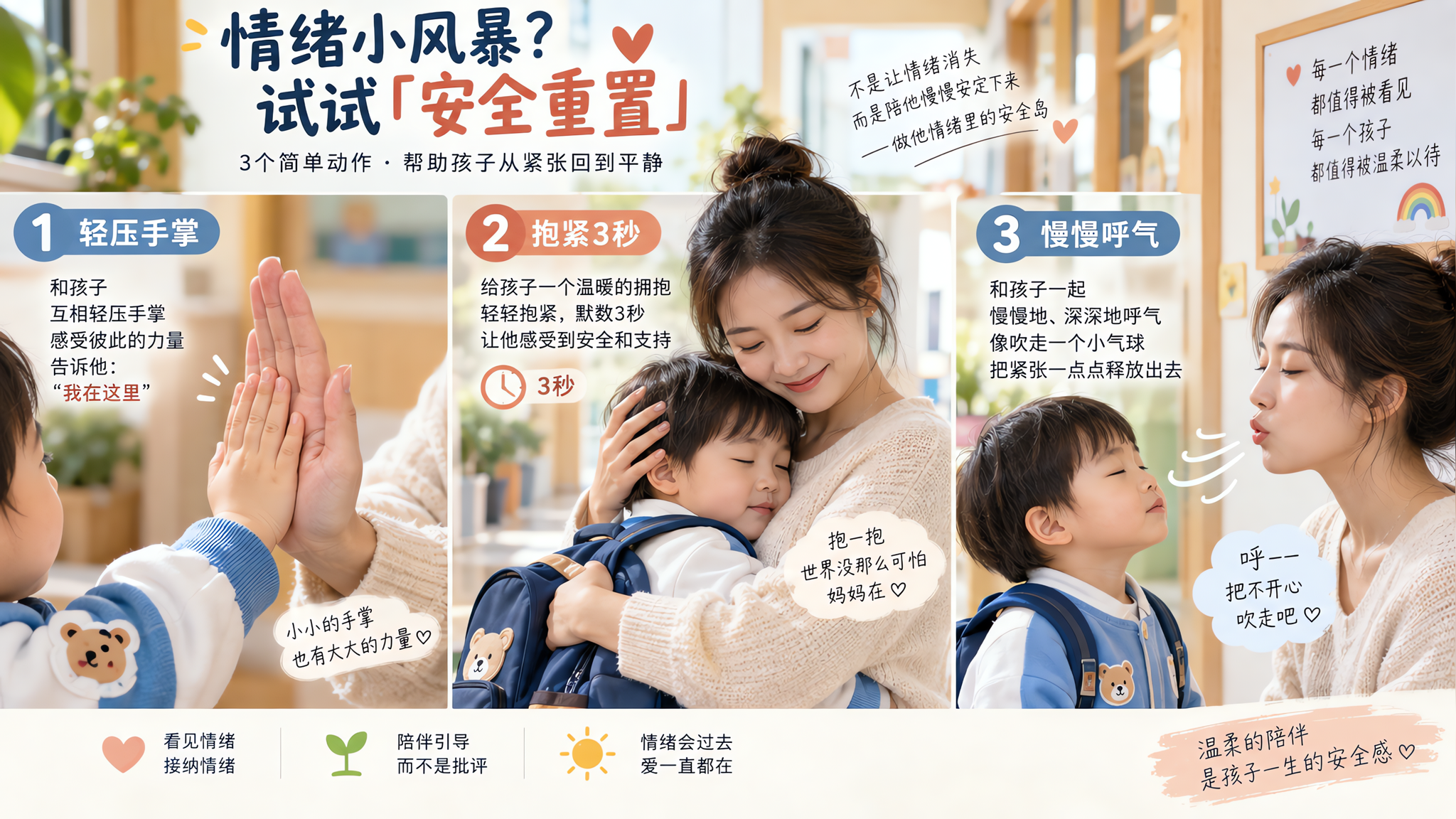 竖版海报构图,中国年轻妈妈在幼儿园门口或走廊一角,陪一个中国幼儿进行“安全重置”动作示范:一格展示轻