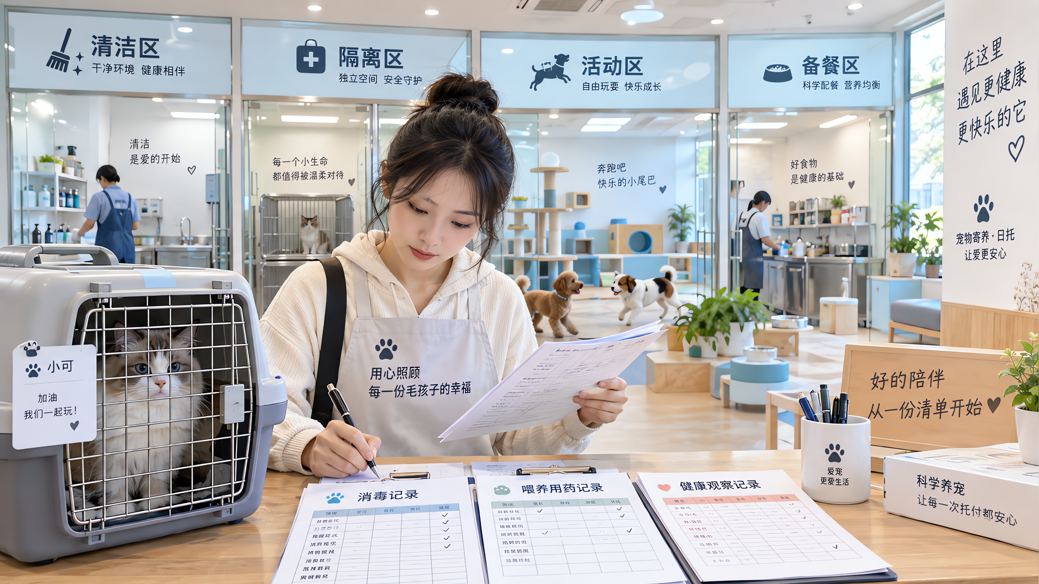 中国年轻女性宠物主人在一家干净明亮的宠物寄养/日托店内,手拿纸质清单和笔在记录,店内背景清晰可见四区
