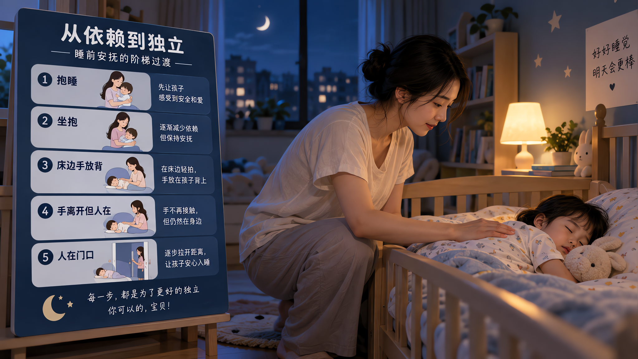 深蓝色夜晚卧室场景,中国年轻妈妈在儿童床边进行睡前安抚训练的“阶梯过渡”主题画面;画面主体是一张清晰