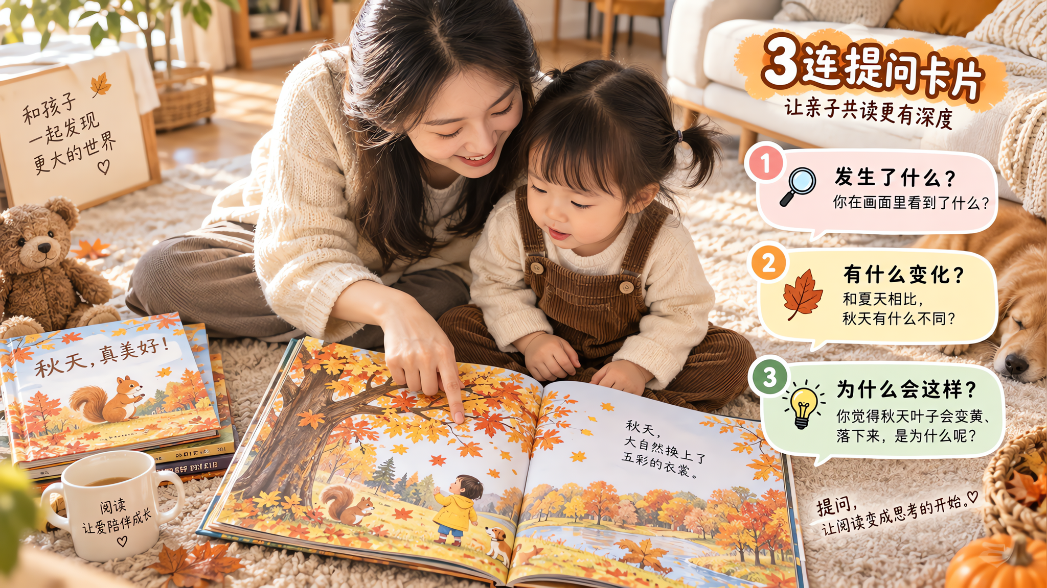 中国年轻妈妈与一名中国2岁幼儿坐在温暖整洁的客厅地毯上共读秋天主题绘本,妈妈用手指向绘本画面引导提问