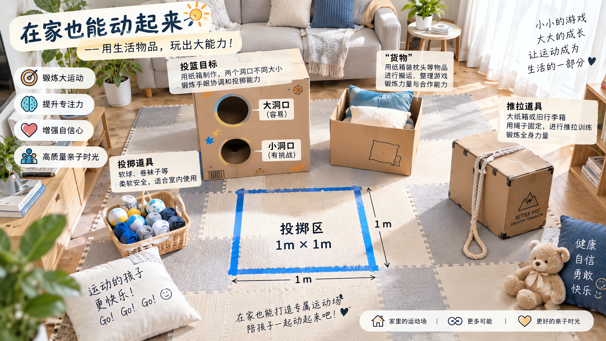 中国家庭客厅场景,俯拍构图,地面铺着地垫并用胶带标出1m×1m正方形“投掷区”,旁边摆放纸箱做投篮目