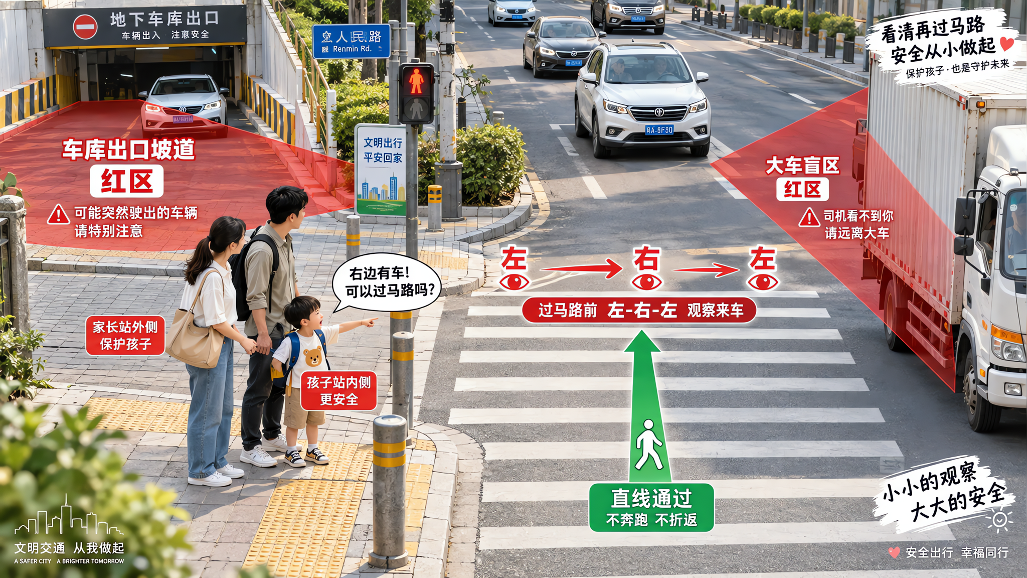 3-6岁过马路记住5步：停看指说走