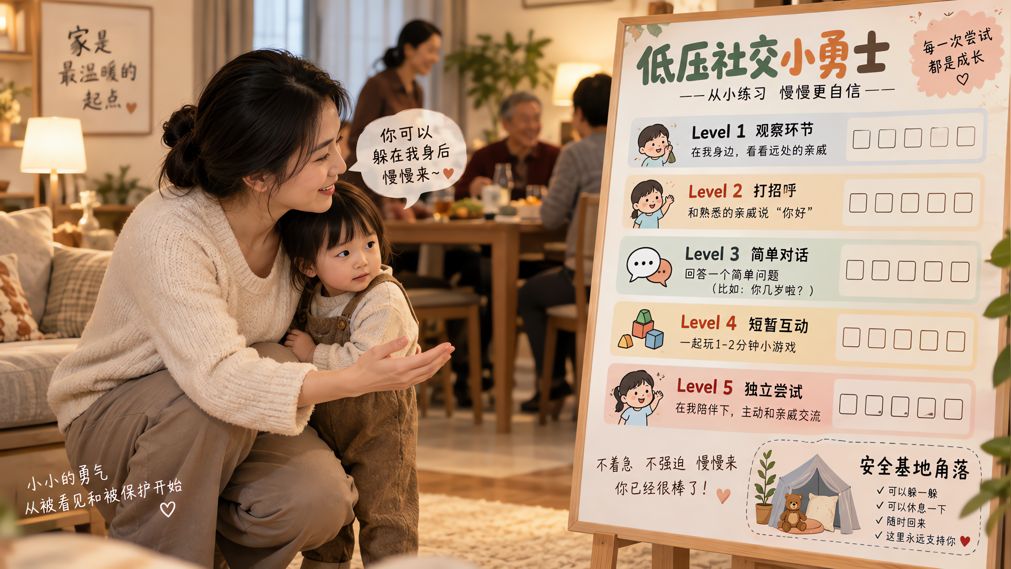 中国年轻妈妈在家庭聚会的客厅里陪一位2-3岁中国幼儿进行低压社交练习，孩子半躲在妈妈身后但探头看向远
