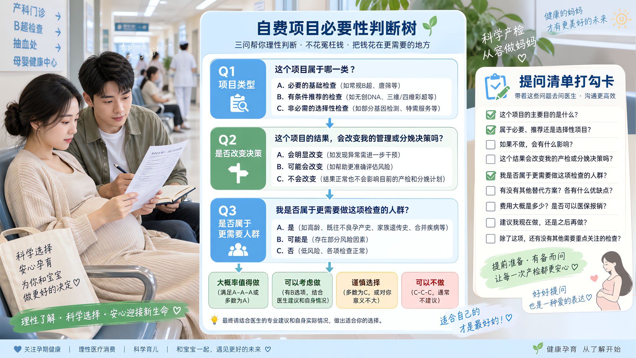 多图工具风信息海报，一位中国孕妇在医院走廊的候诊区坐着，身旁有中国年轻丈夫拿着笔记本记录要点，孕妇手