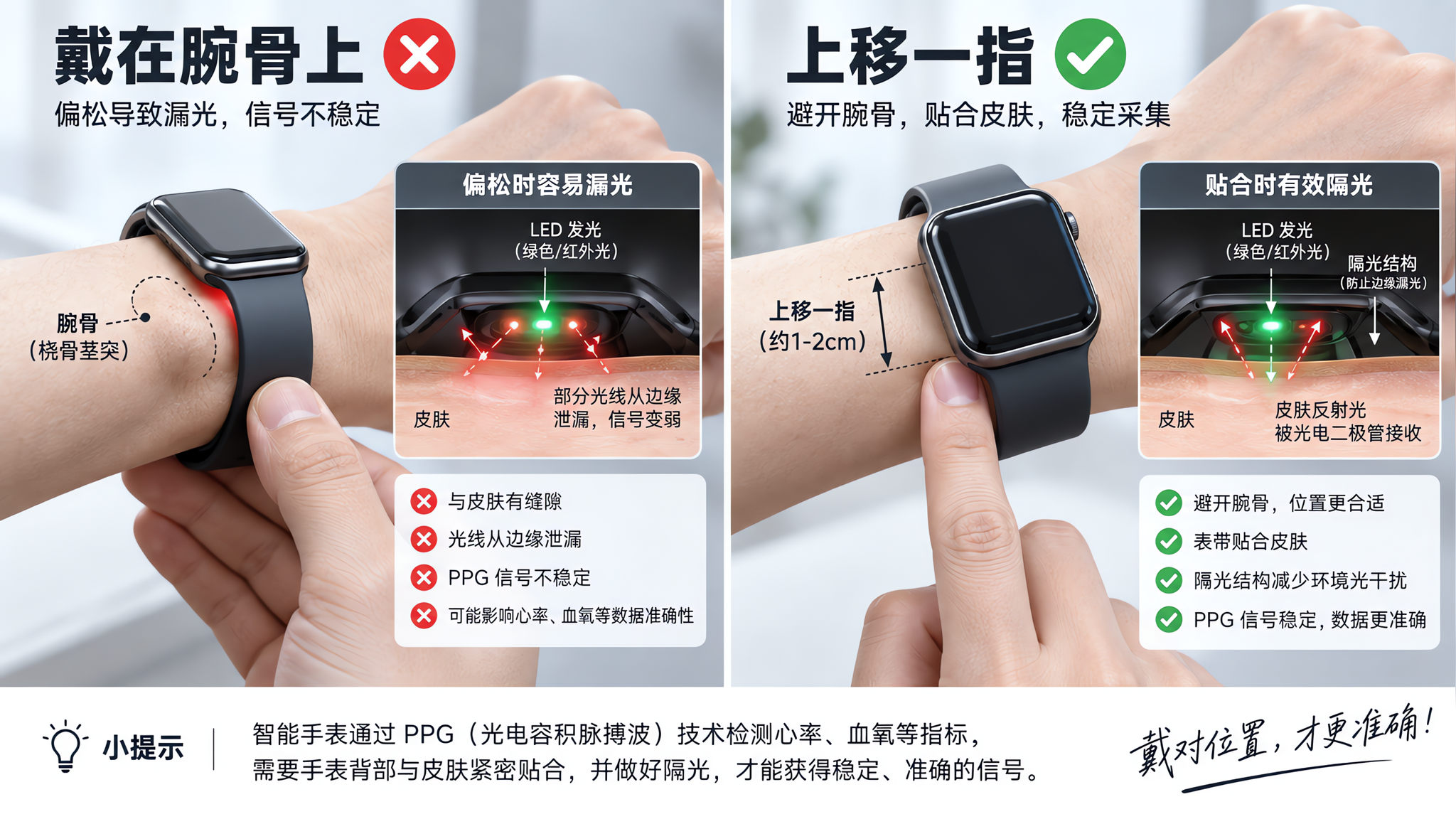 场景为室内明亮桌面与手腕近景对比科普图，中国成年人物的前臂与手腕特写，人物一只手正在调整智能手表佩戴