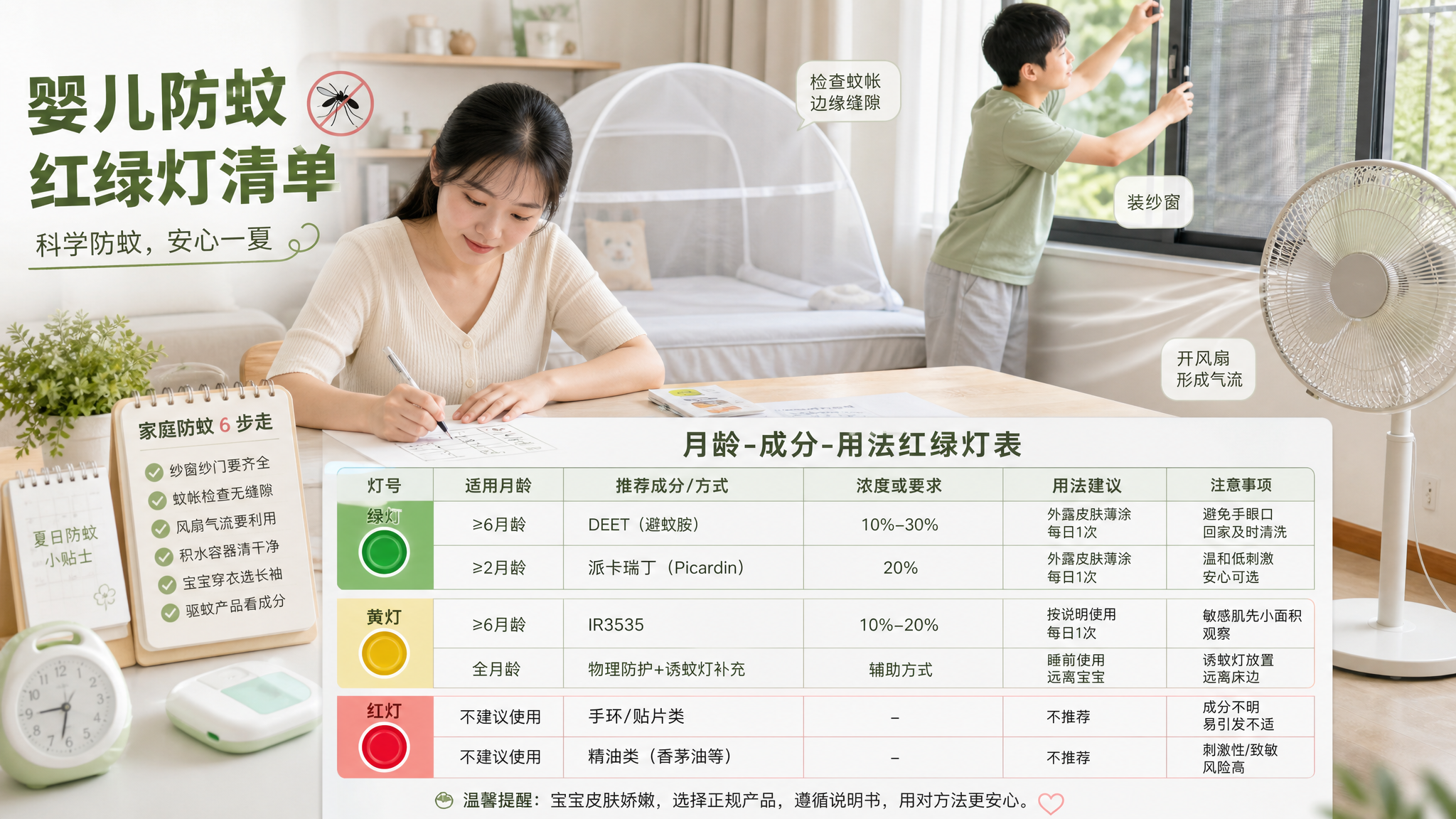 婴儿防蚊别靠手环贴：按月龄红绿灯+居家四步
