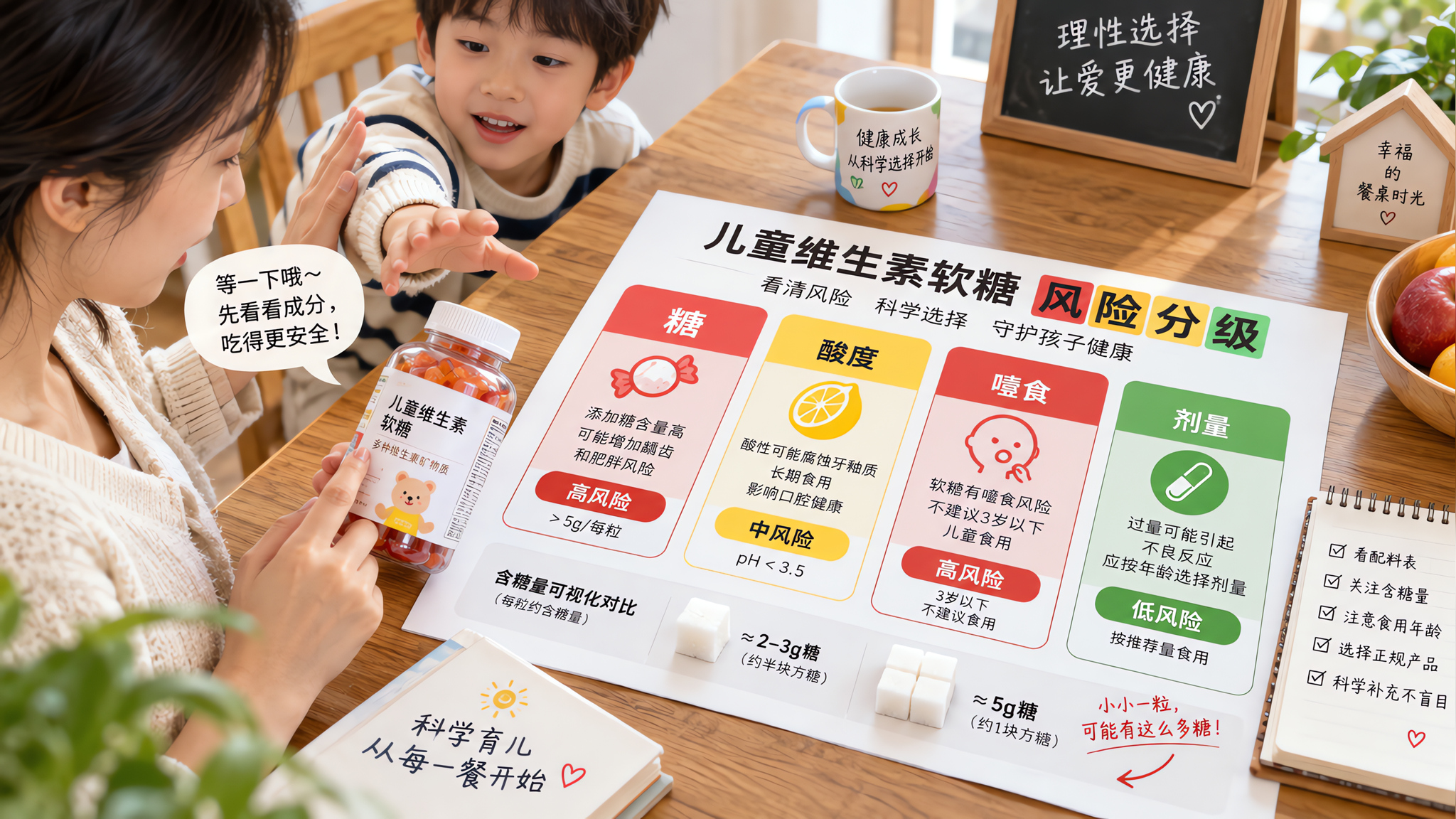 儿童维生素软糖别当零食吃：3步看懂糖、酸、剂量与噎食风险
