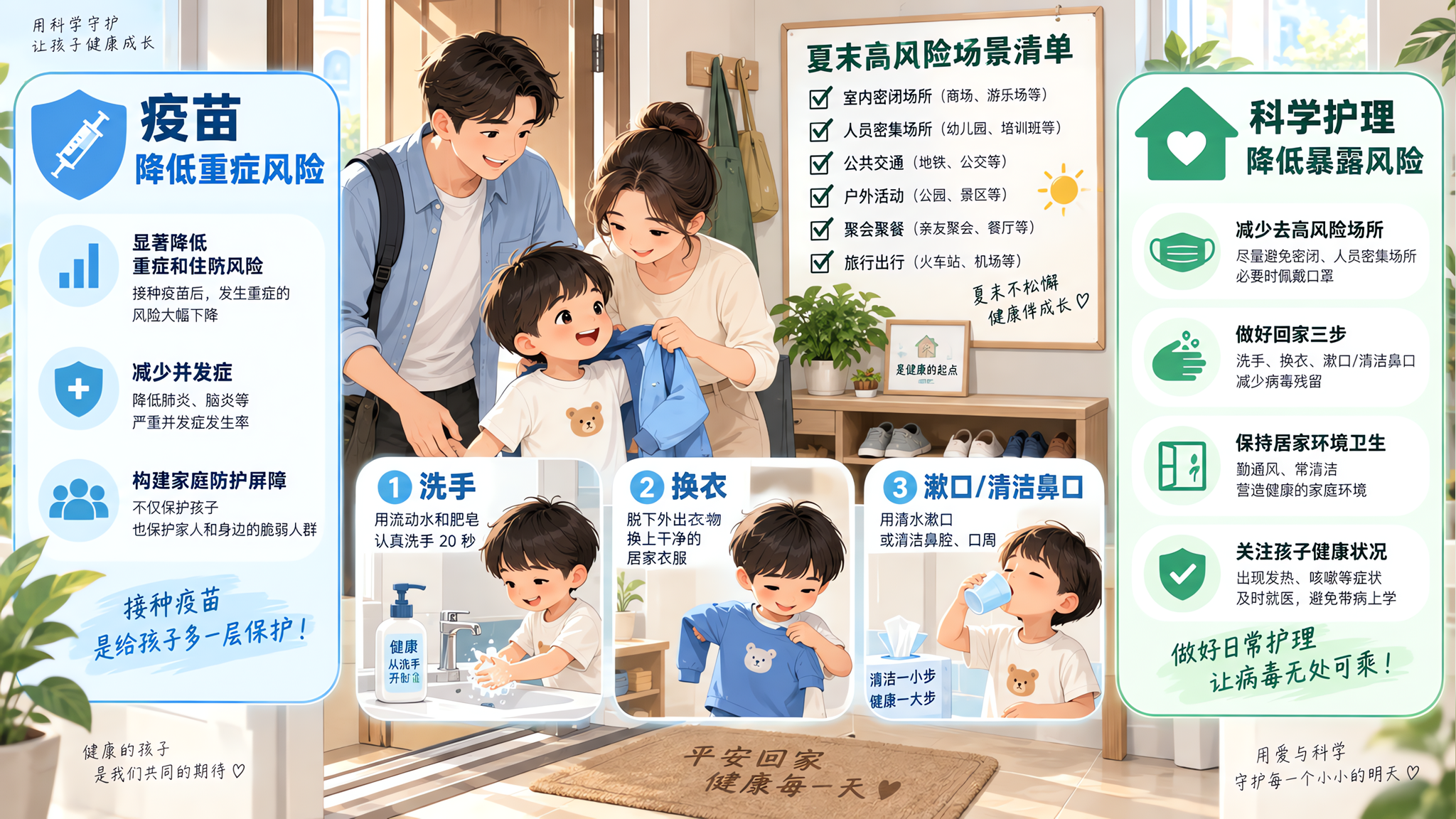 竖版海报风格插画，中国年轻父母在家门口带中国学龄前儿童执行“回家三步”流程（洗手、换衣、漱口/清洁鼻