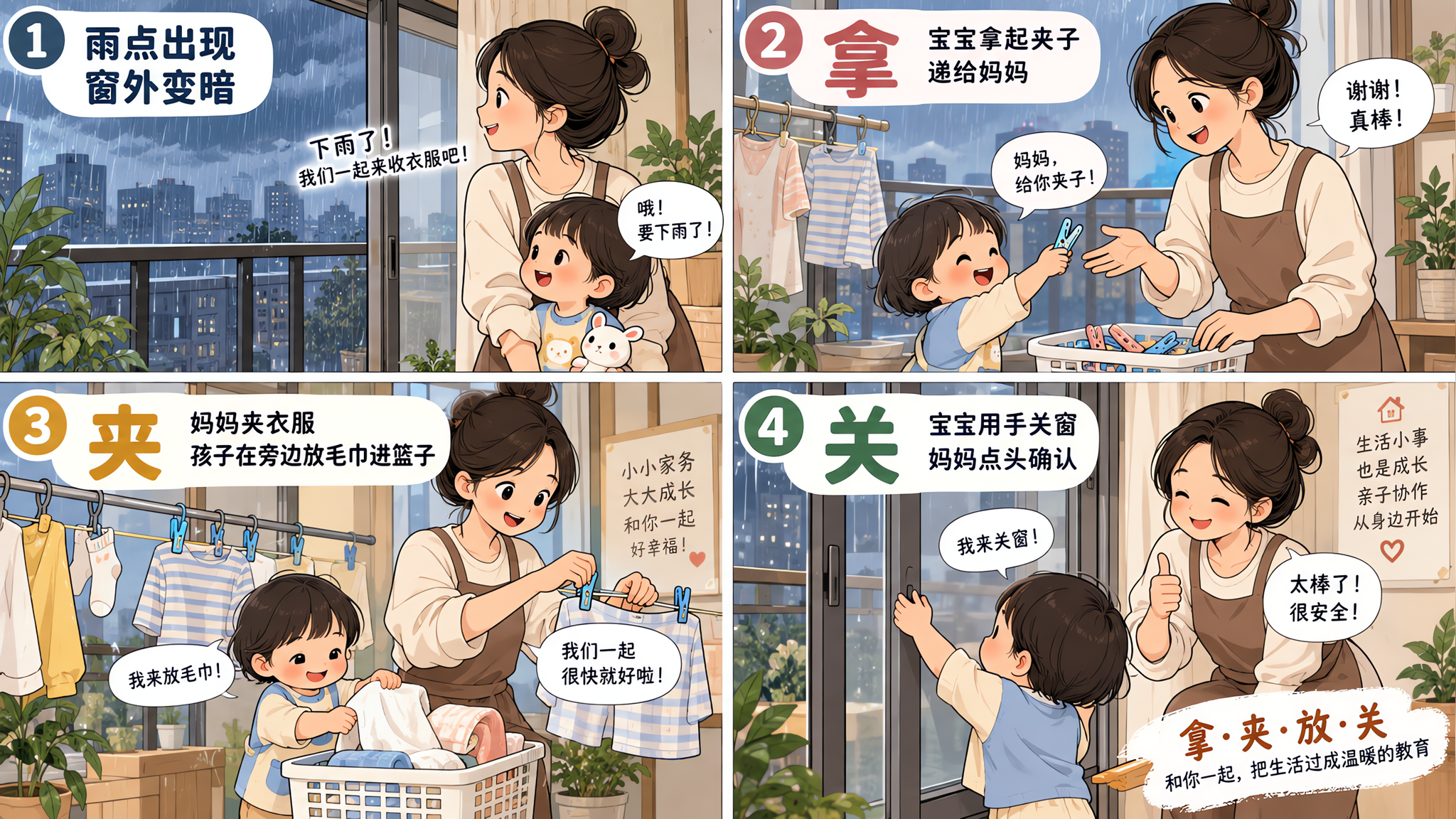 四格步骤漫画风格配图,中国年轻妈妈与中国1-3岁幼儿在家中阳台收衣服的场景,画面依次呈现:雨点出现/