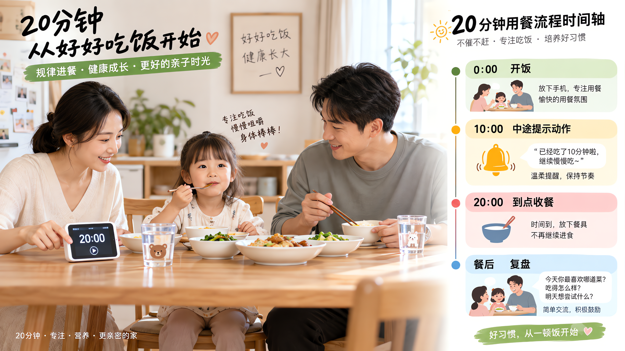 中国年轻父母与中国3-6岁儿童在家中餐桌用餐的真实生活场景,桌面干净只放餐具与水杯,父母一人按下手机
