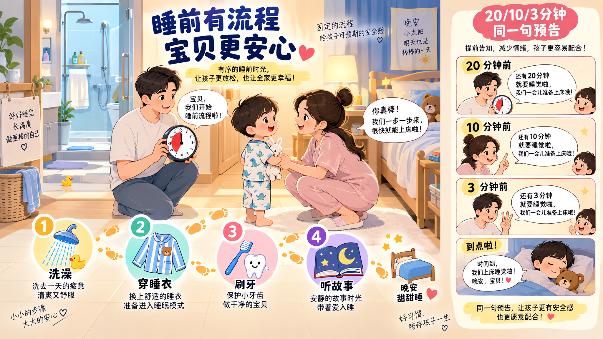 睡前不靠吼：3-6岁“规则+预告+复盘”闭环
