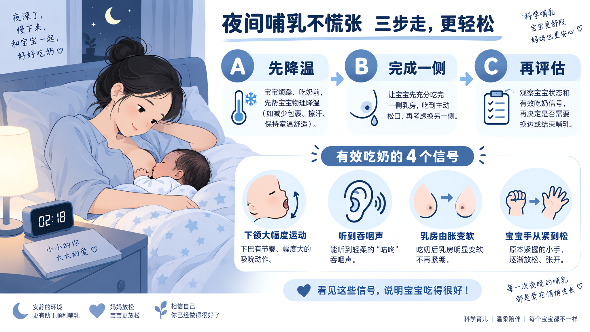 闷热夜里宝宝吃两口就哭？先降温再喂完一侧