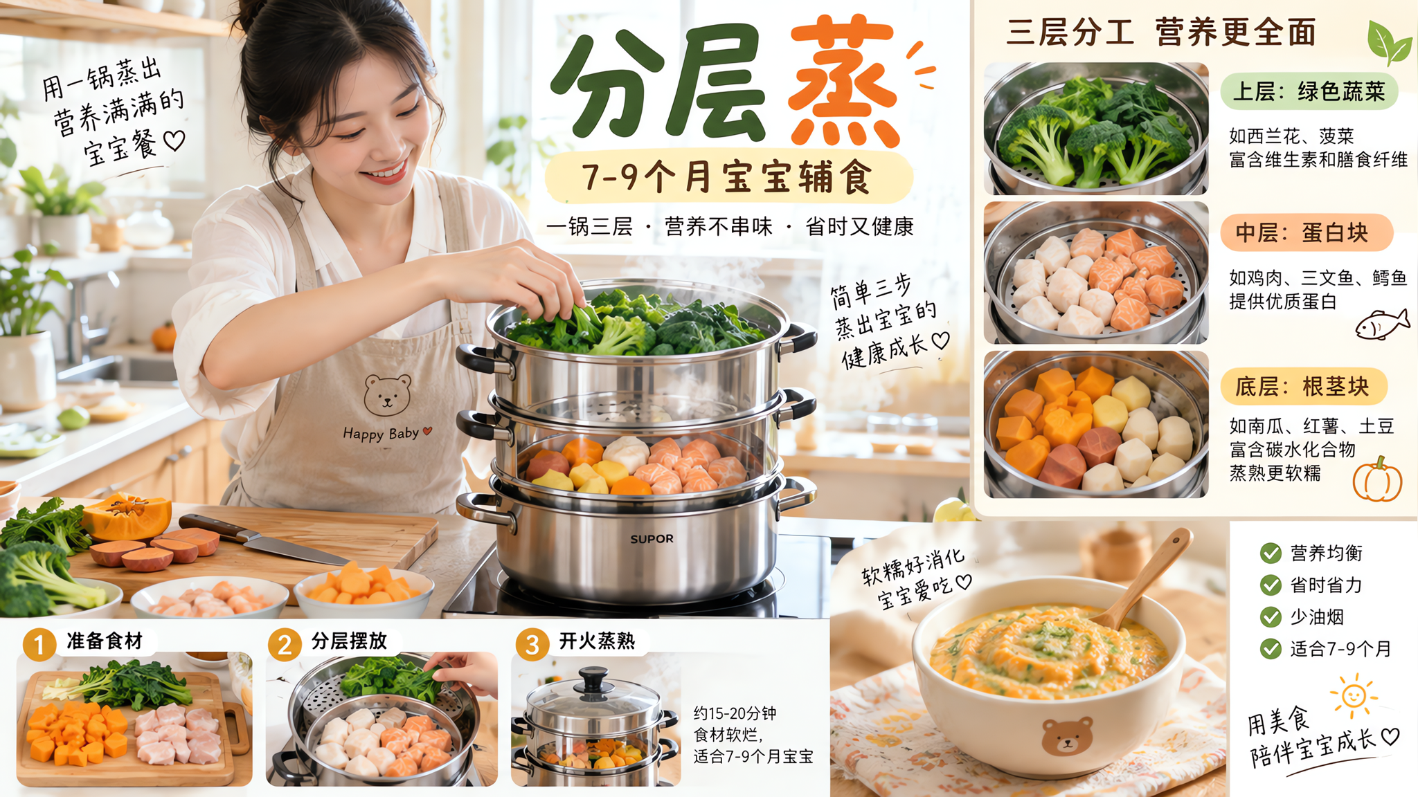 7-9个月辅食别只会熬粥：一锅分层蒸出三种口感