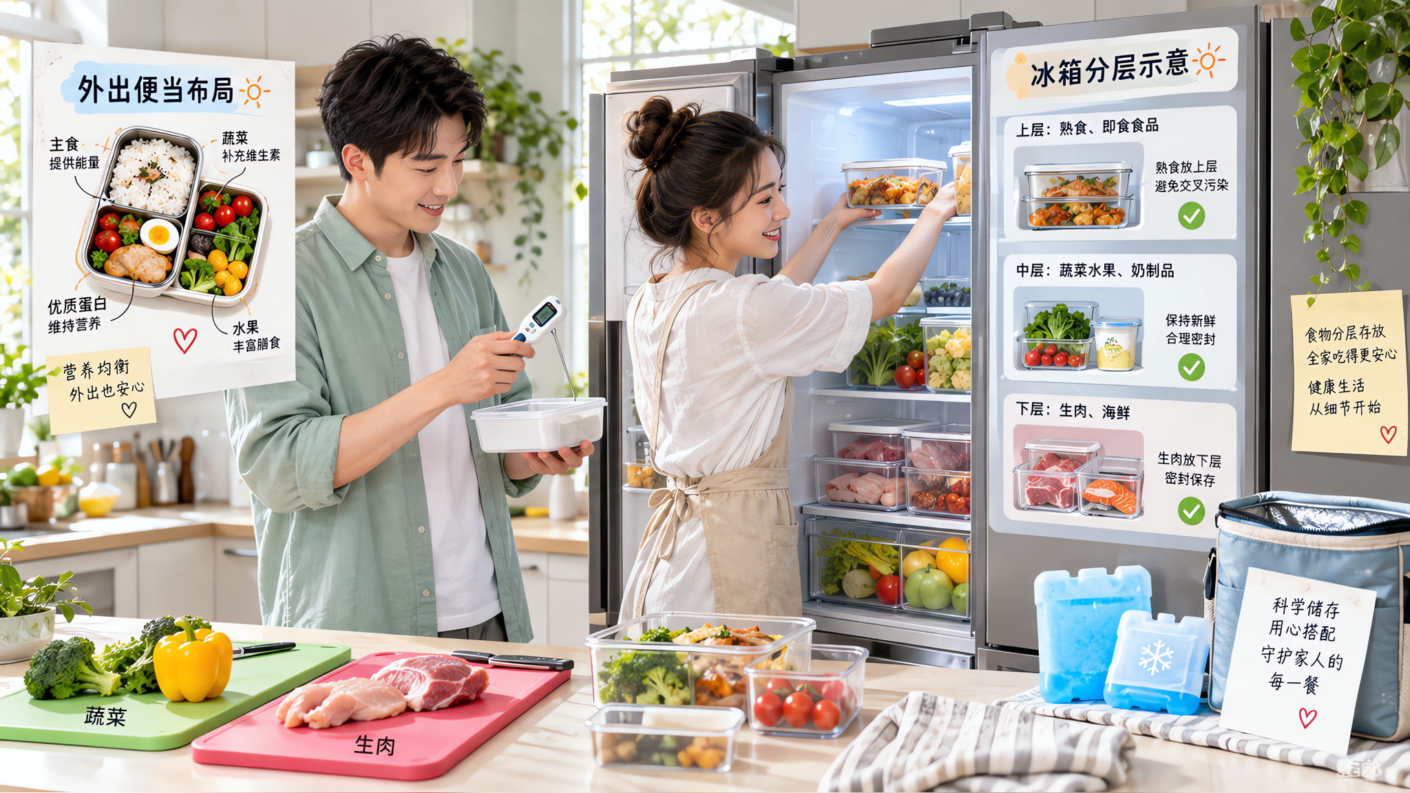 中国年轻父母在家中明亮整洁的厨房里整理冰箱冷藏室，一位爸爸手拿食物温度计和分装浅盒，一位妈妈将熟食放