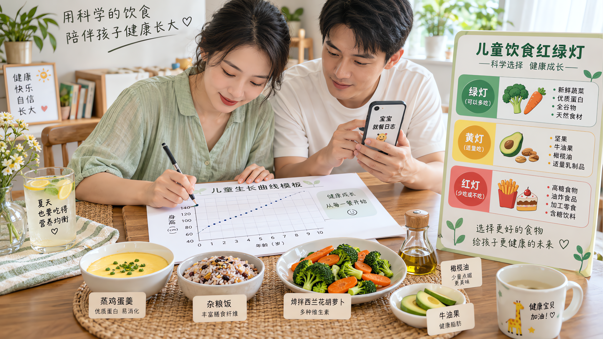 中国年轻父母在家中餐桌旁，妈妈拿着一张“儿童生长曲线模板”在纸上用笔打点，爸爸在旁边用手机记录就餐日