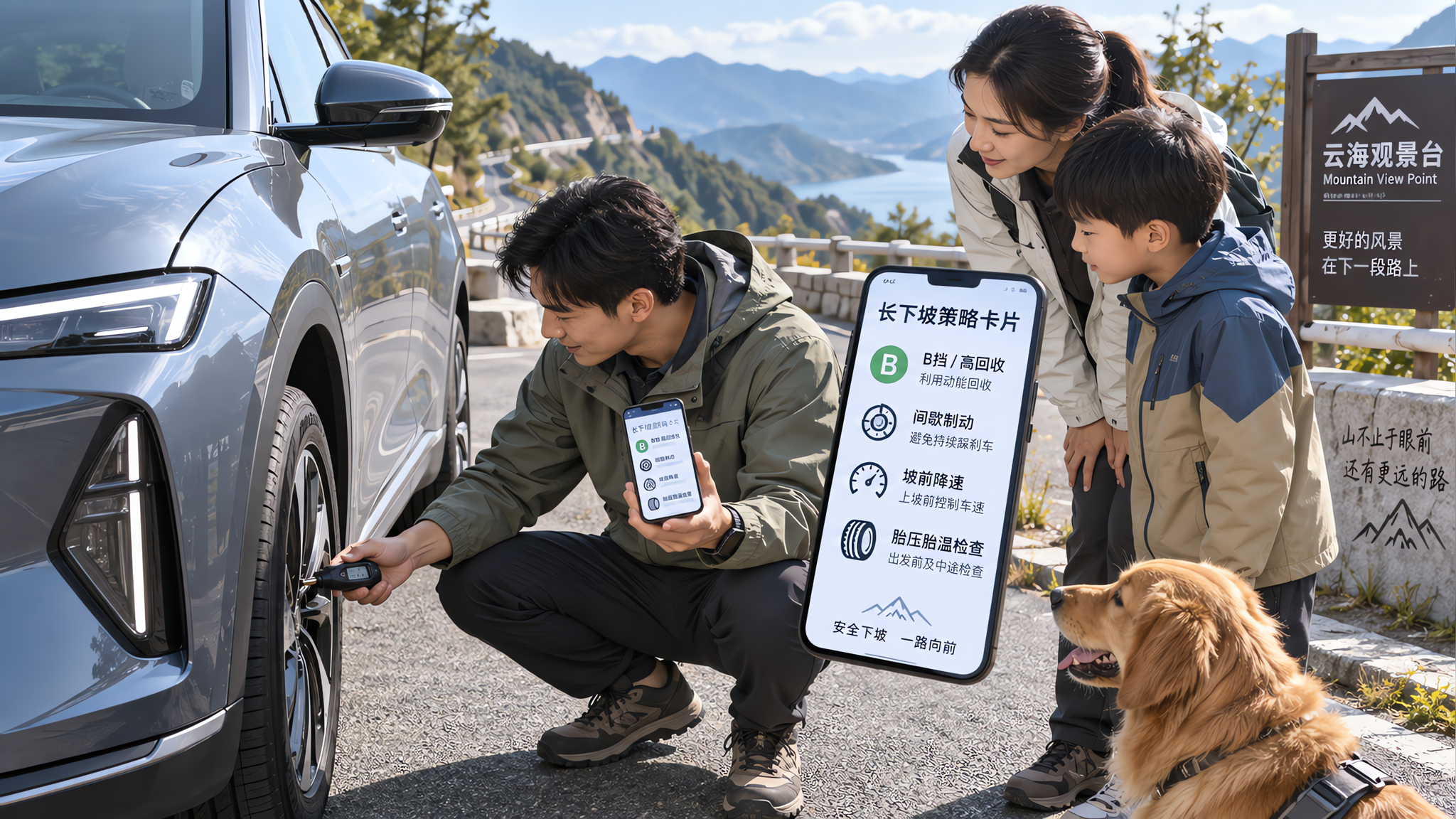 中国年轻车主与家人在山路观景停车点旁查看车辆状态，一辆现代感电动车停在路边，车主蹲下检查轮胎胎纹并用