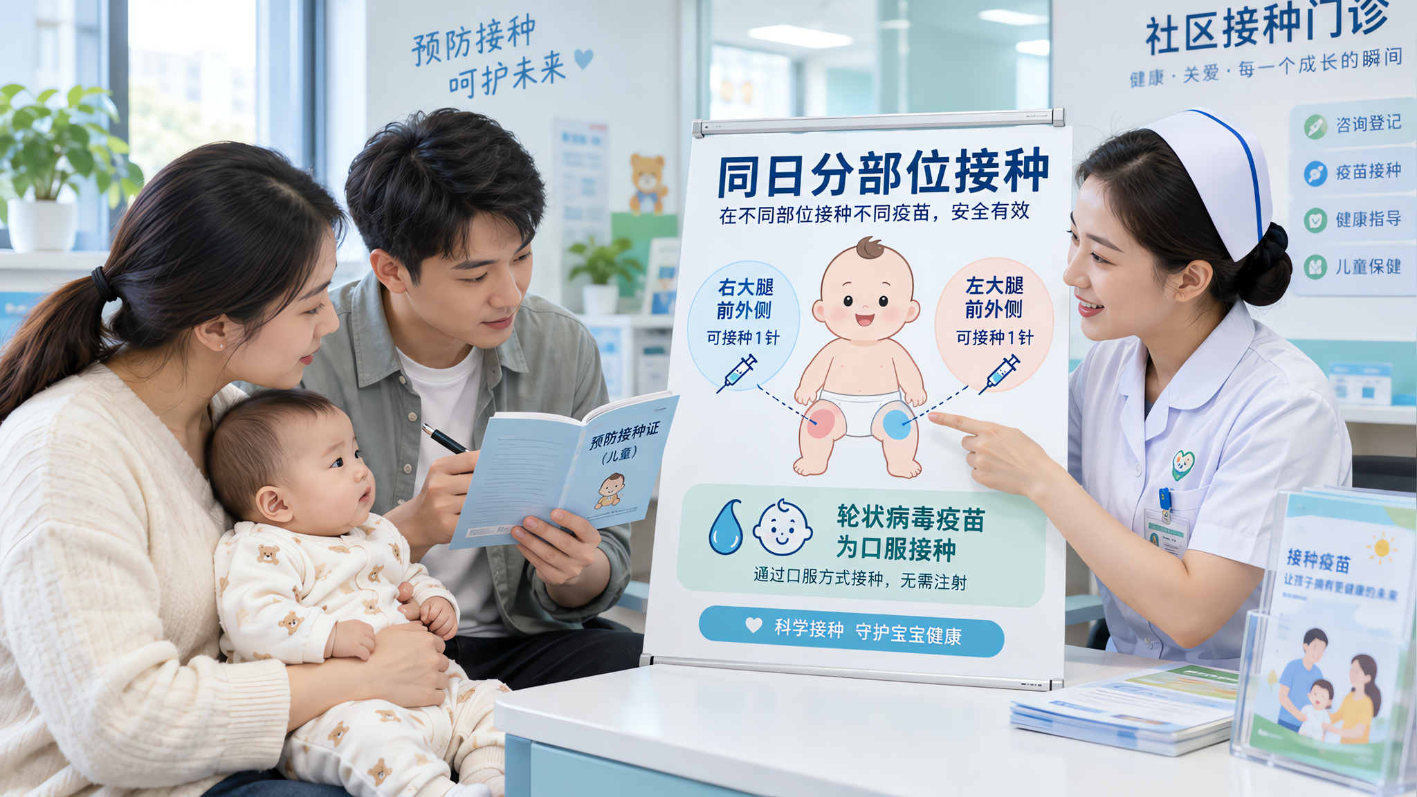 中国年轻父母带中国婴儿在社区接种门诊的接种咨询区,护士拿着示意板讲解“同日分部位接种”,示意板上清晰