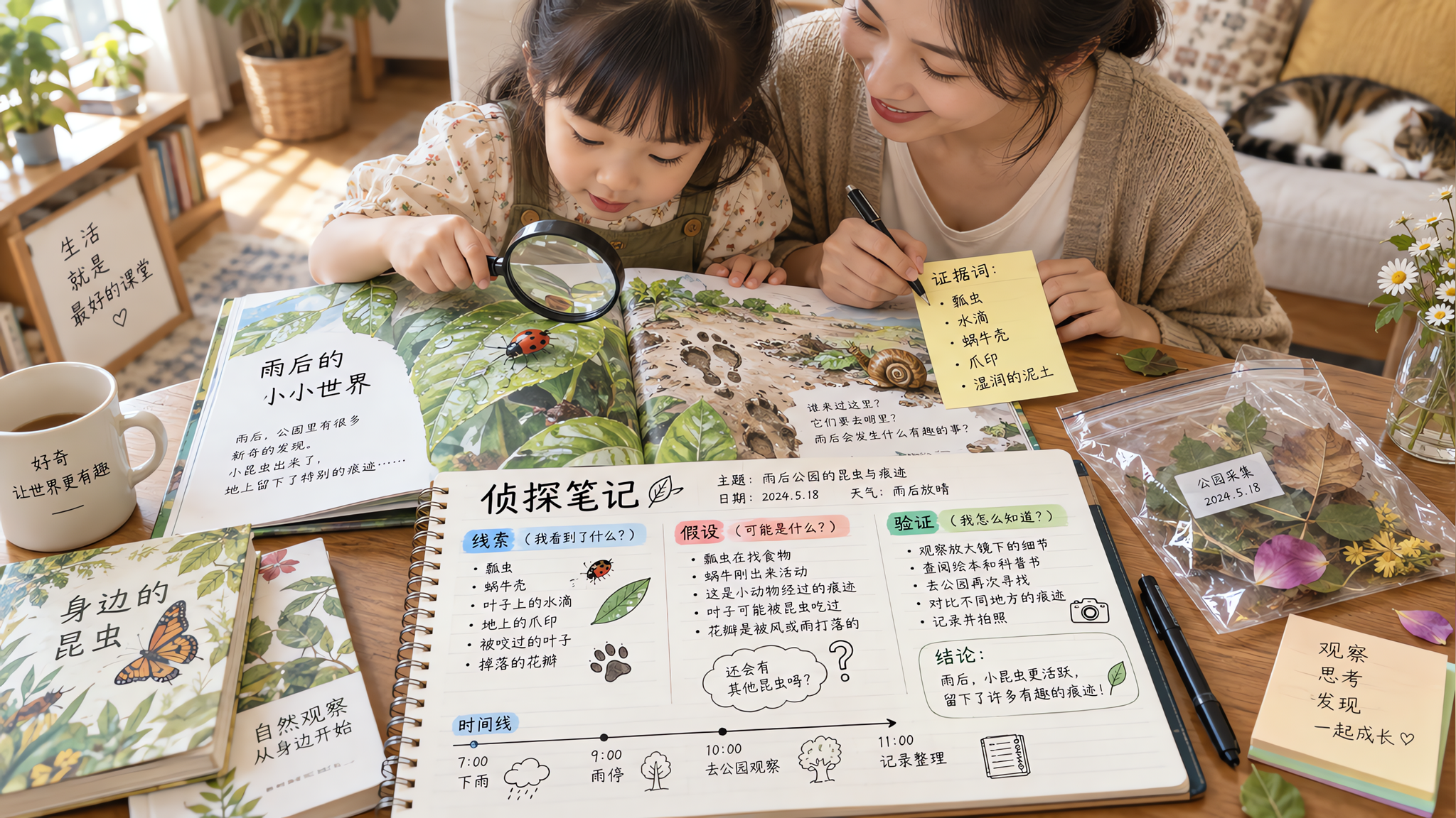 中国年轻妈妈与中国学龄前儿童在明亮温馨的家中客厅一起阅读绘本,桌面上摊开“侦探笔记”手帐页,手帐上有