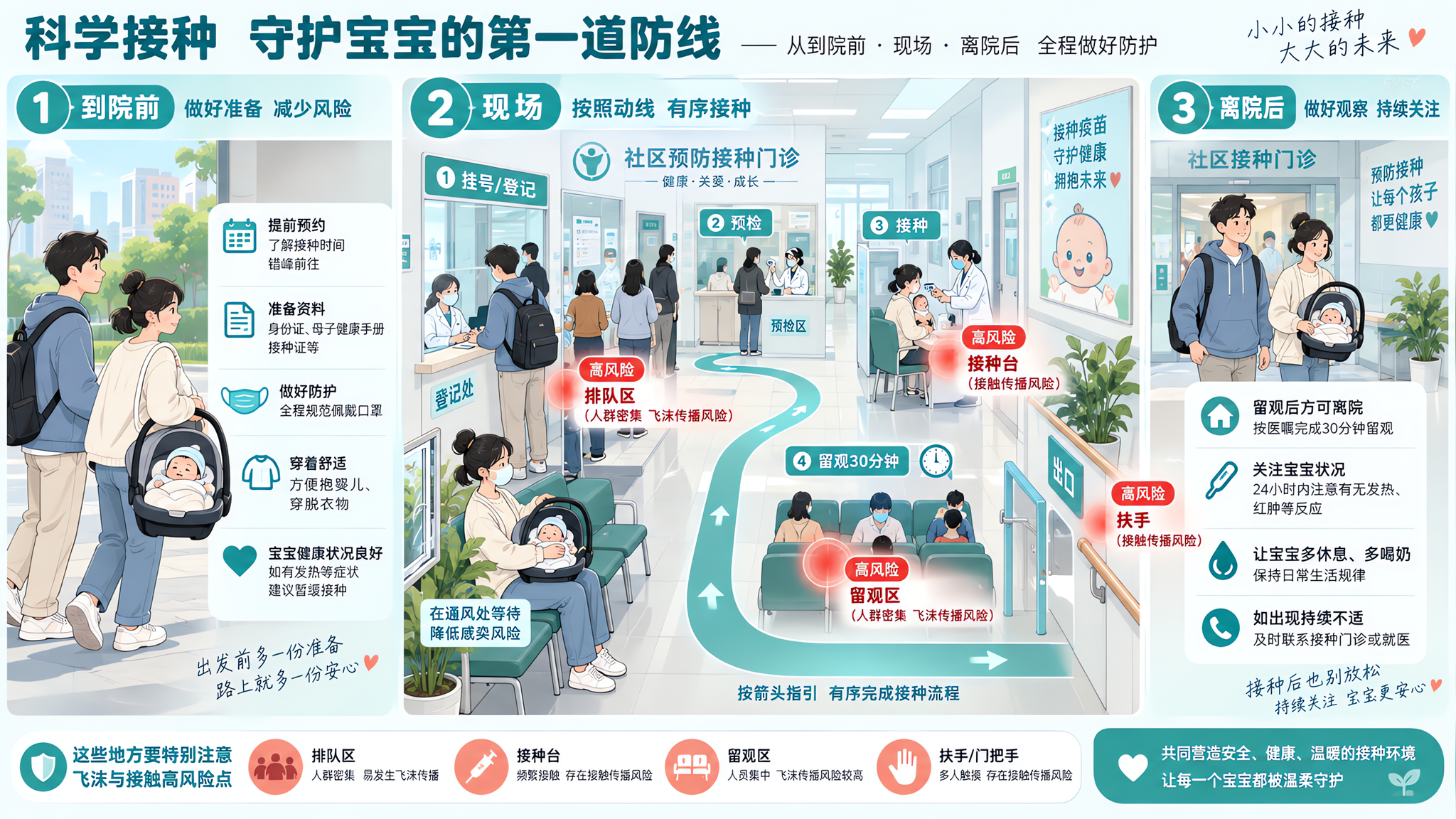 俯视角信息图风格画面,中国社区接种门诊场景分为三段动线“到院前-现场-离院后”,画面中有中国年轻父母