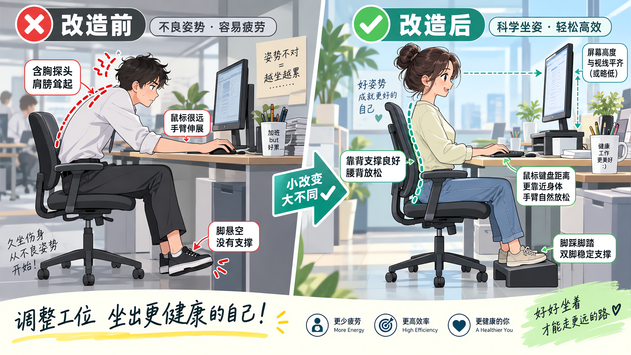 生动漫画风对比插画，办公室工位“改造前 vs 改造后”两格画面，人物为中国年轻上班族（男女皆可），改