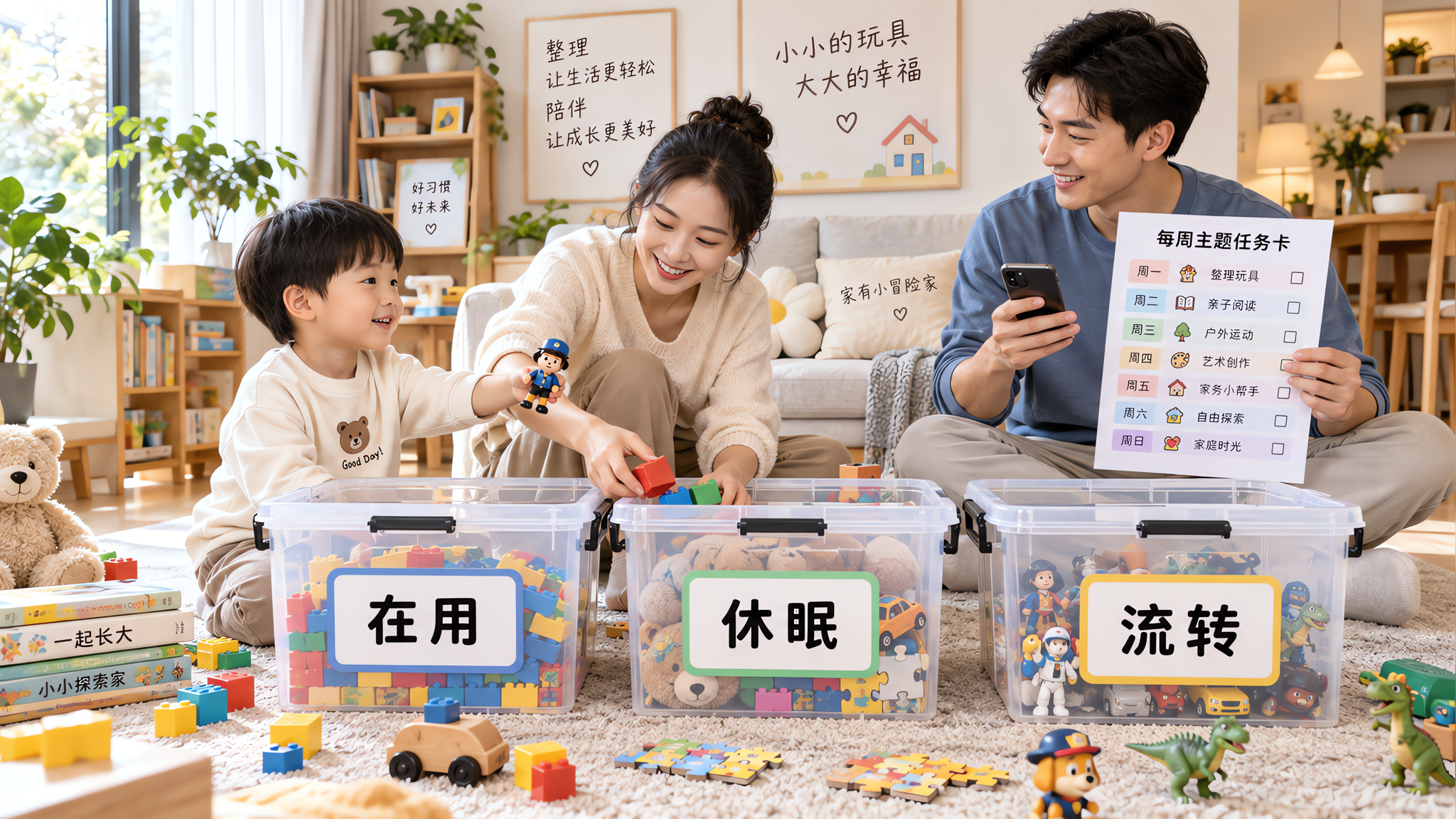 明亮整洁的中国家庭客厅场景，地毯上摆放三个带盖透明收纳箱，箱体贴有大号中文标签“在用”“休眠”“流转