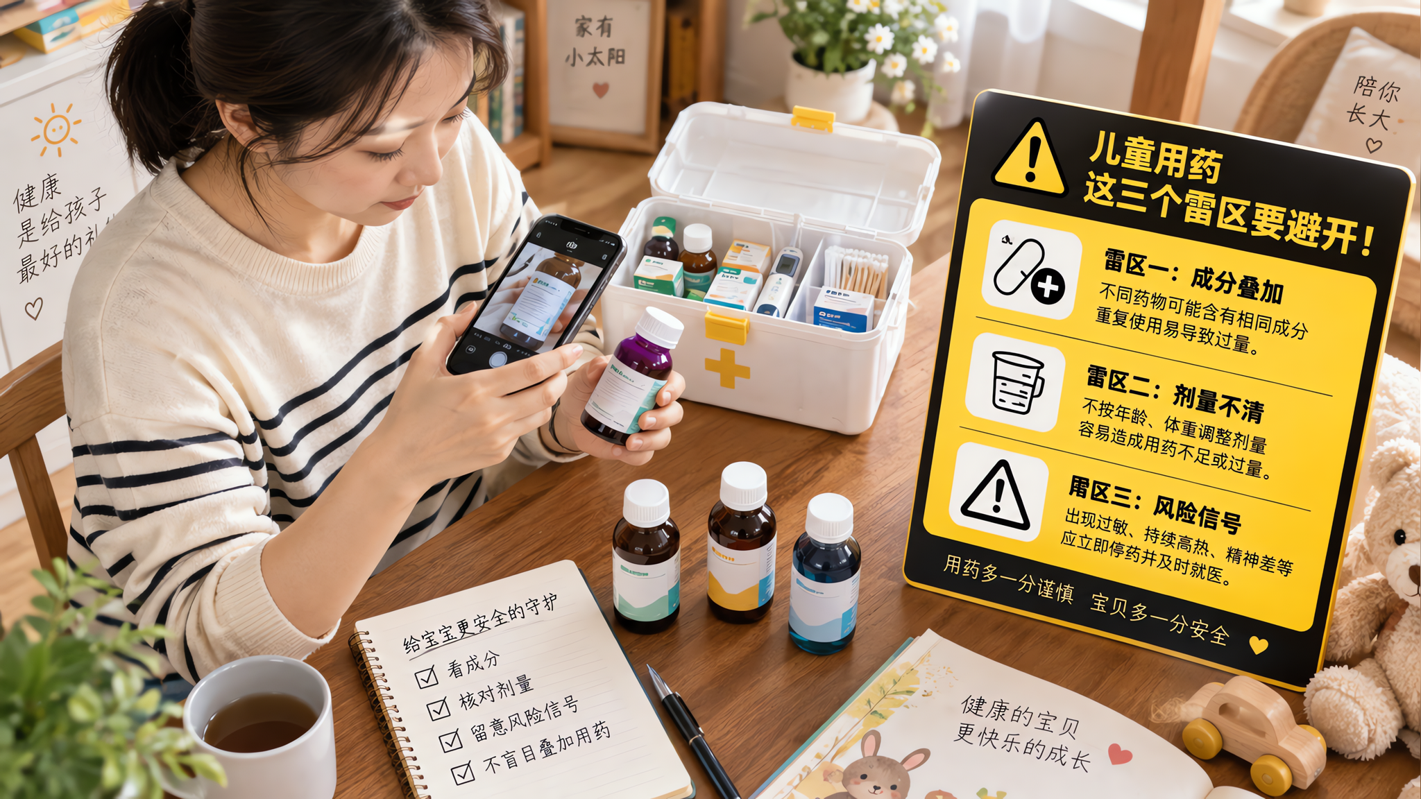 中国年轻妈妈在家中餐桌旁整理儿童药箱,桌上摆放几瓶“止咳/清热口服液”外观的通用瓶子(不出现品牌与可