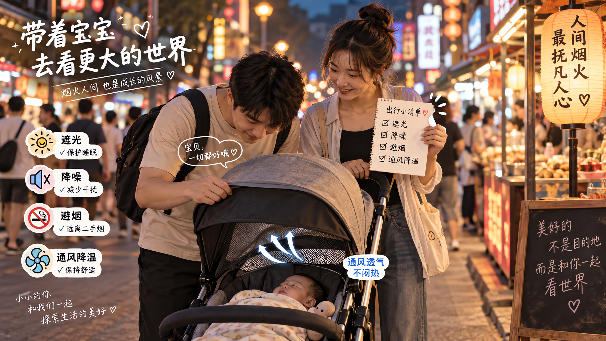 带4-6个月宝宝逛夜市：遮光降噪避烟怎么做