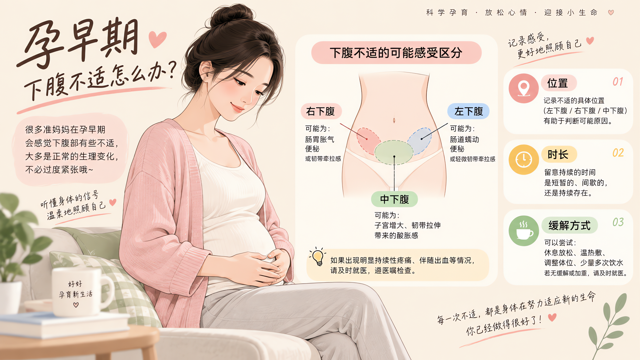孕早期腹痛先别慌：牵拉还是胀气，3步自测+3个舒缓动作