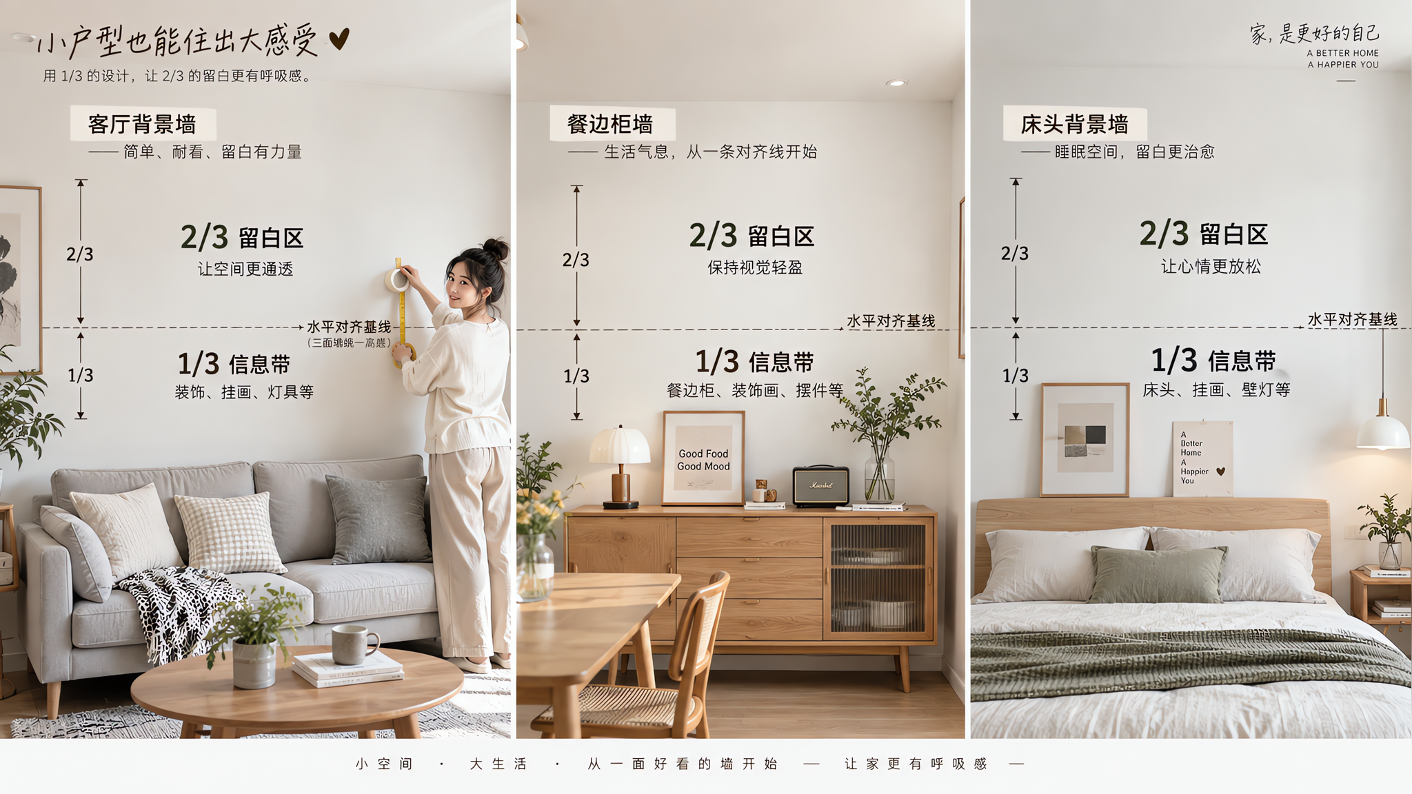 小户型墙面显乱？照着「2:1留白+三段对齐线」挂就稳了