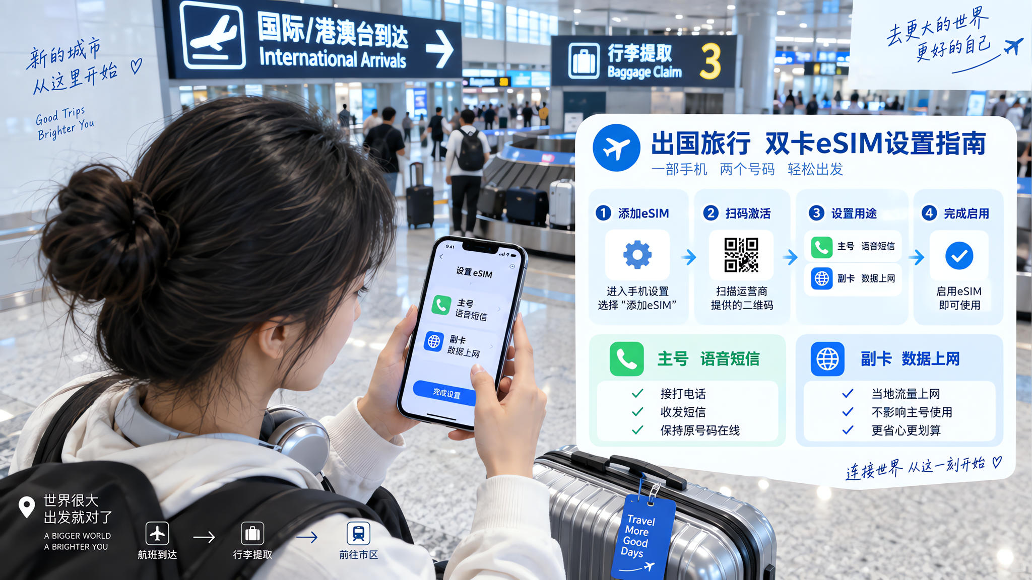 机场到市区的旅行实用信息图风格画面，中国年轻旅客在机场到达厅，手拿手机正在设置双卡eSIM，手机屏幕