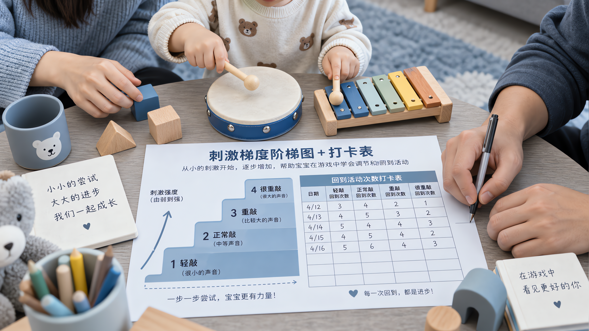 中国年轻爸爸和妈妈在家中客厅地毯上陪1-3岁中国幼儿进行亲子游戏练习，画面只拍到大人和孩子的手部与桌