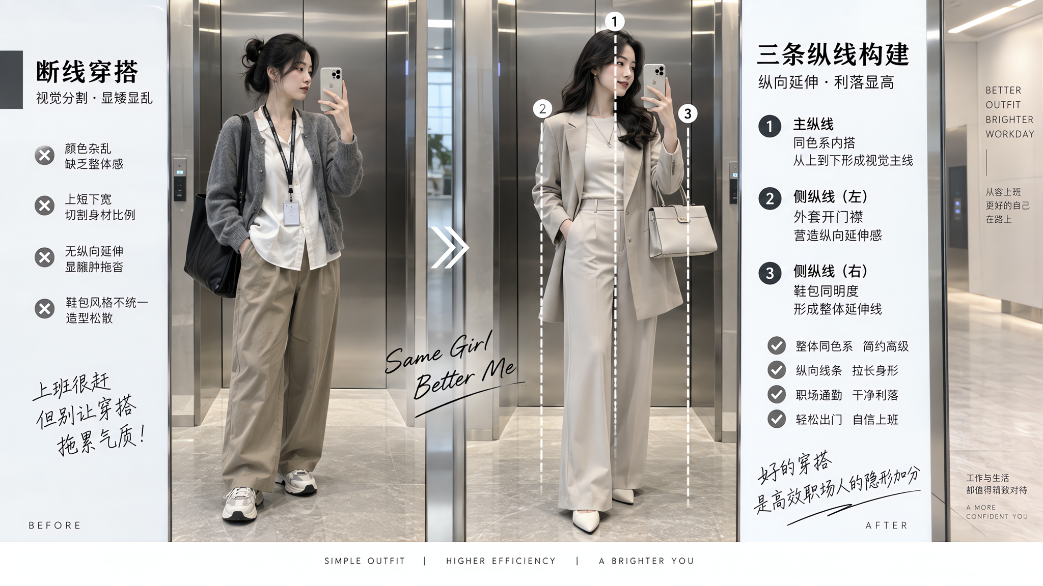 中国职场女性通勤场景,在办公室电梯镜子前做穿搭前后对比,左侧“断线穿搭”与右侧“三条纵线构建”利落穿