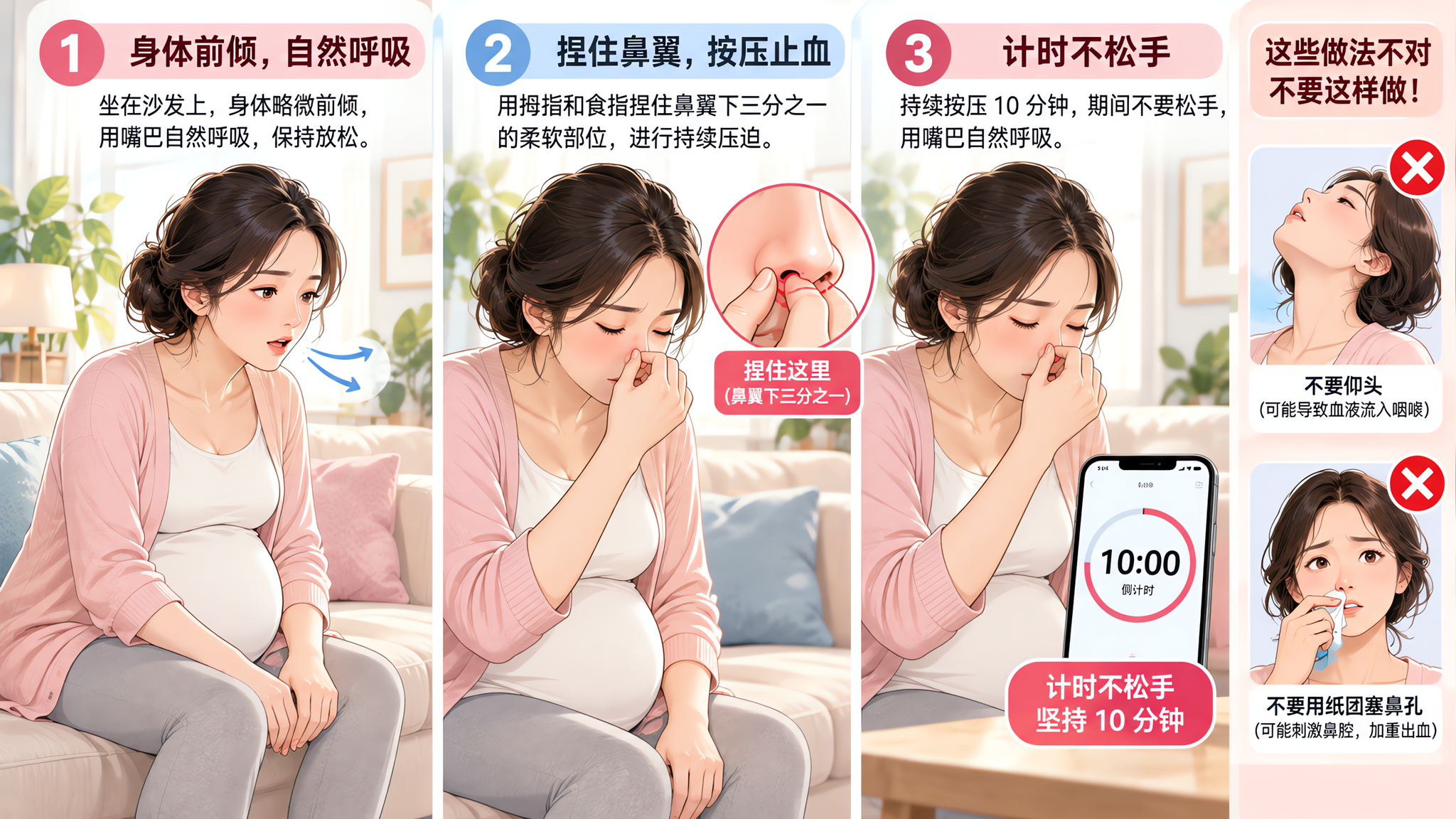 孕期鼻出血别慌：前倾捏鼻10分钟，三步止血+护理